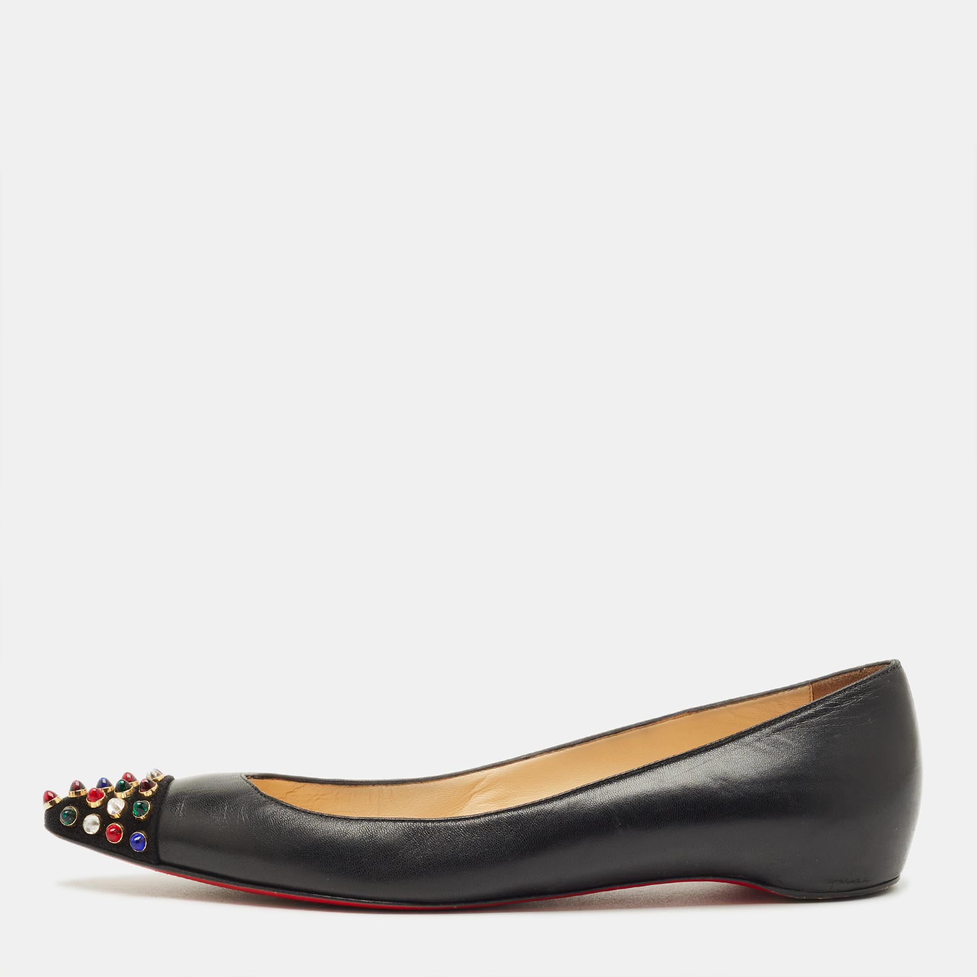 Pre-owned Christian Louboutin Black Leather And Suede Geo Ballet Flats Size 37.5