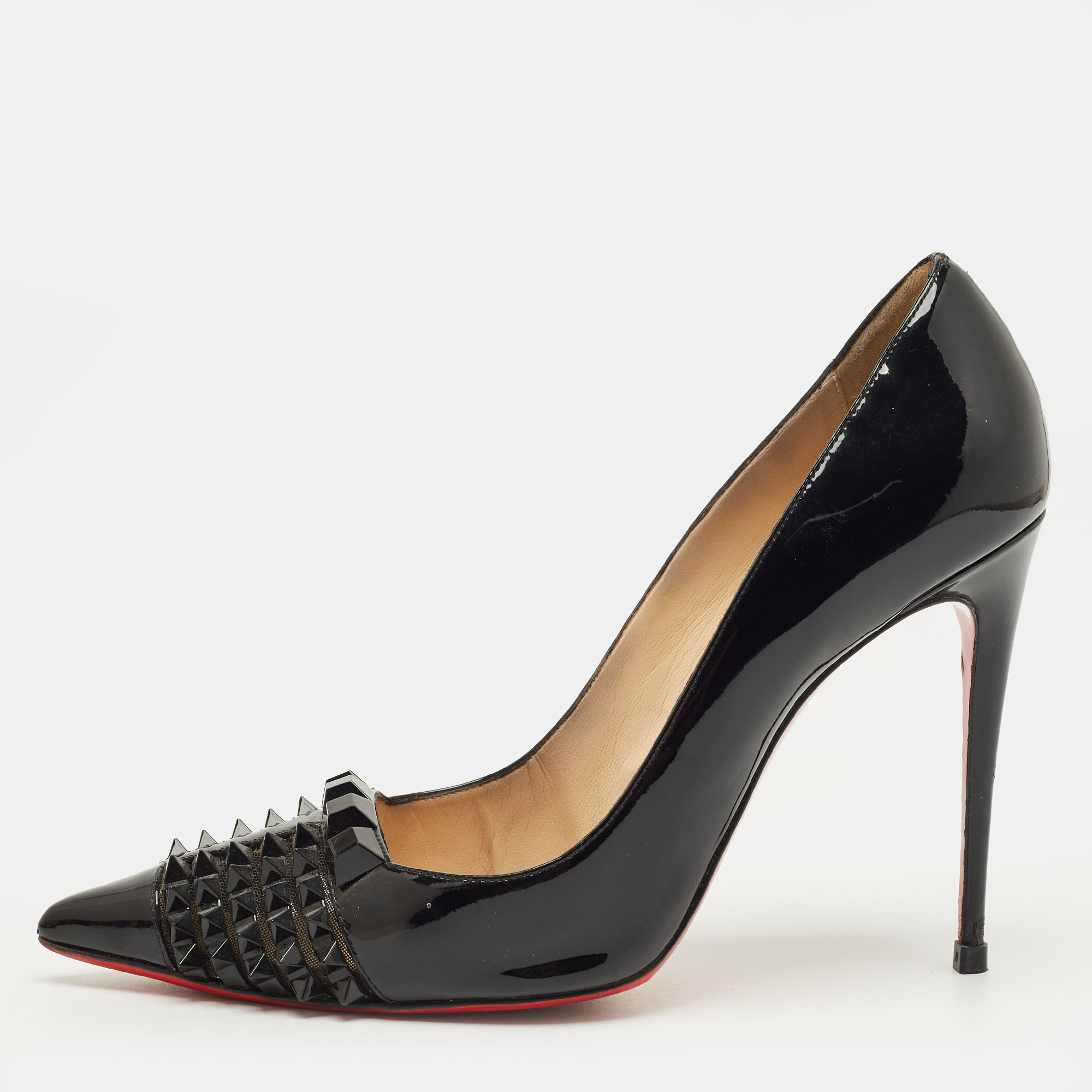 Pre-owned Christian Louboutin Black Patent Leather And Mesh Pyrami Pumps Size 41