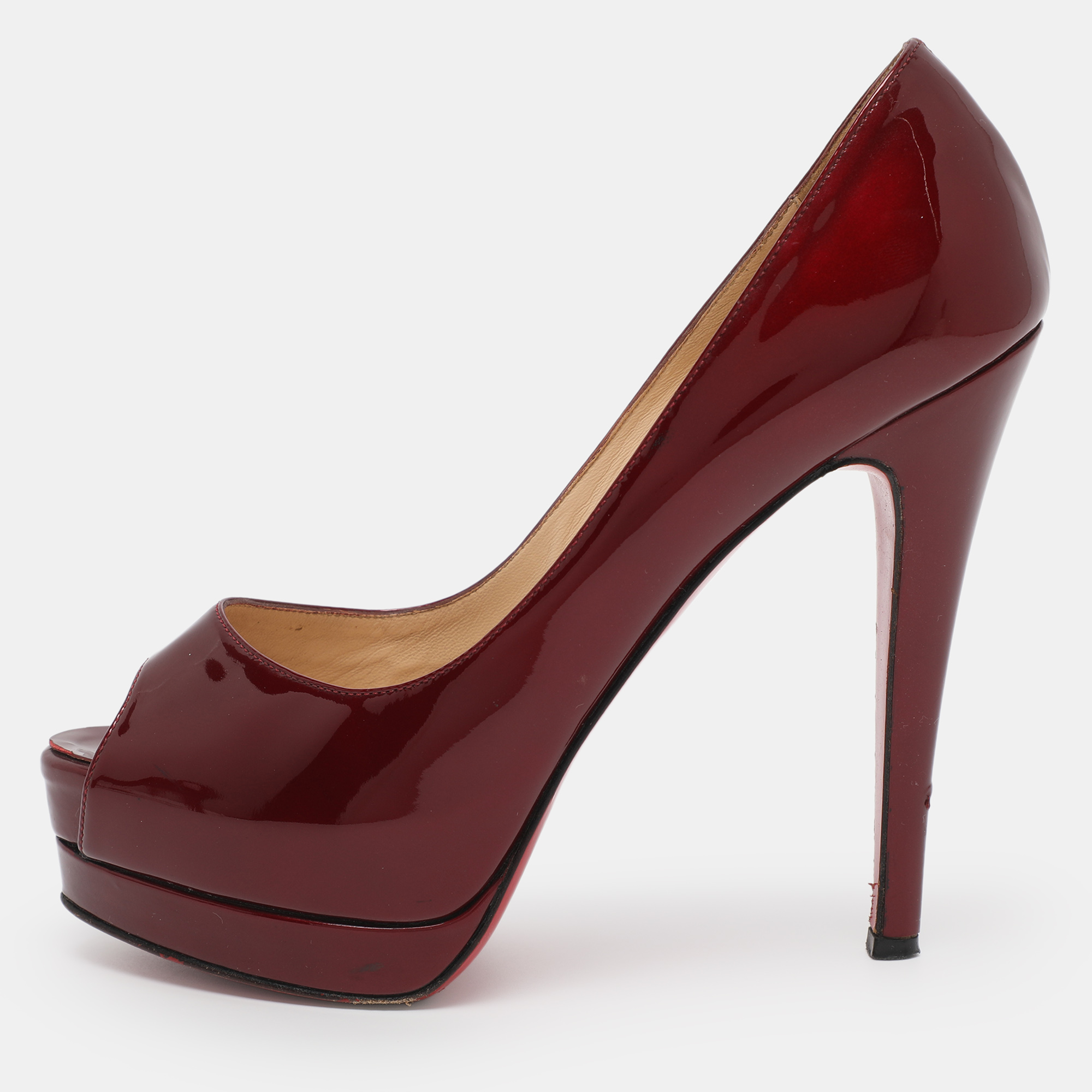 Pre-owned Christian Louboutin Burgundy Patent Leather Altadama Platform Peep Toe Pumps Size 36.5