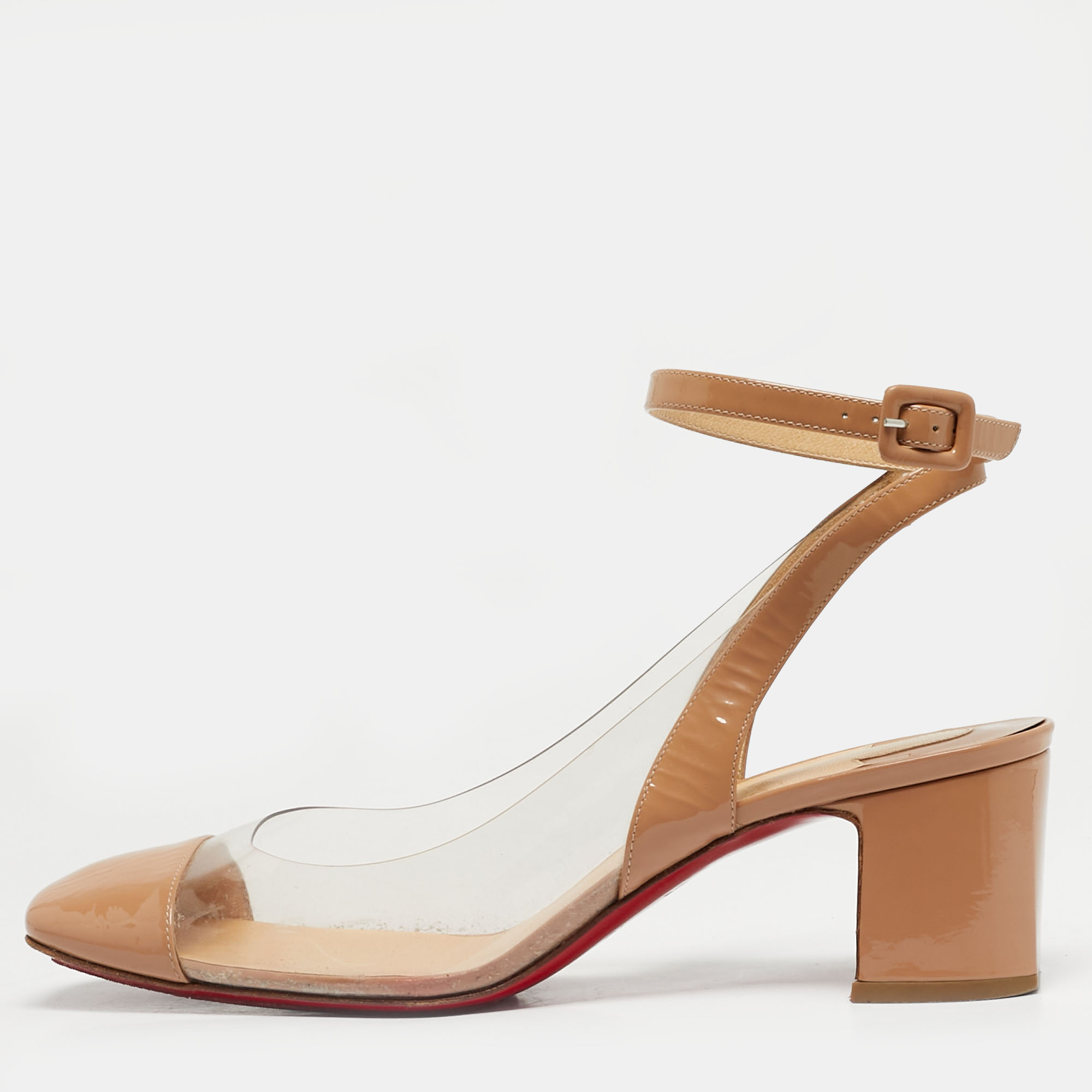 Pre-owned Christian Louboutin Beige Patent Leather And Pvc Asticocotte Block Heel Pumps Size 40 In Sand