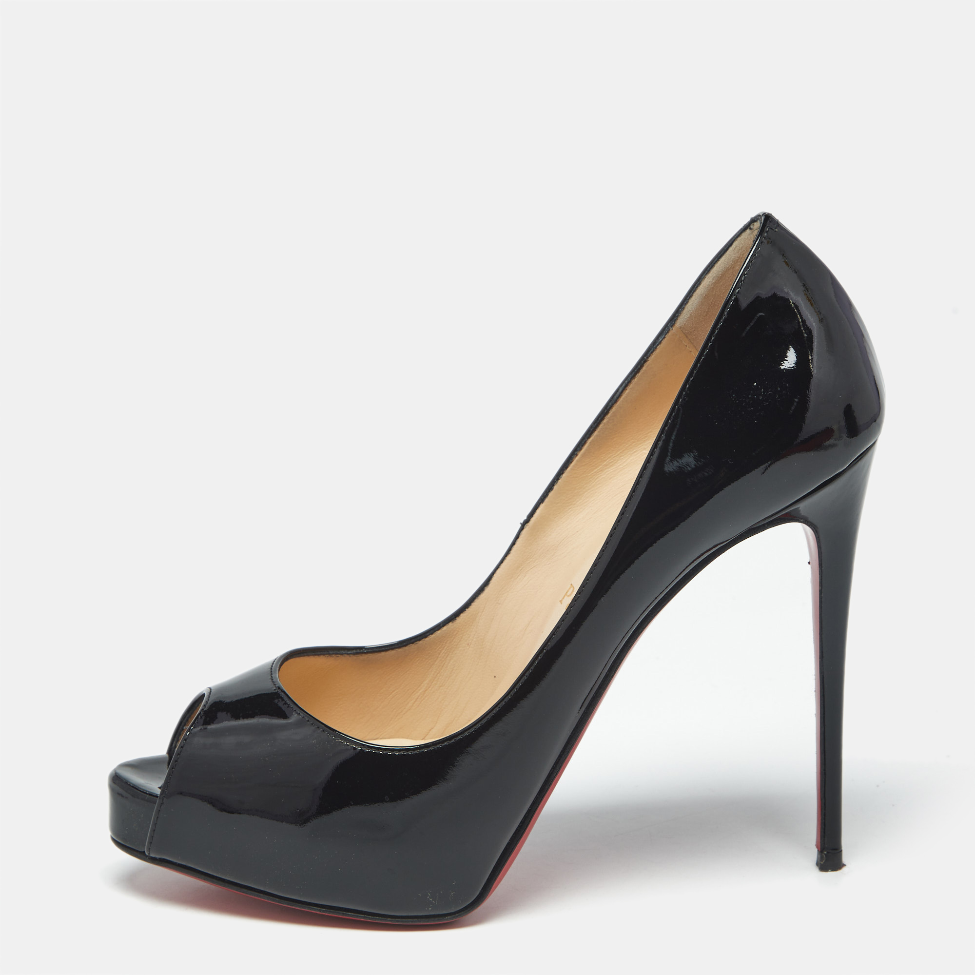 

Christian Louboutin Black Patent Leather Very Prive Peep Toe Pumps Size