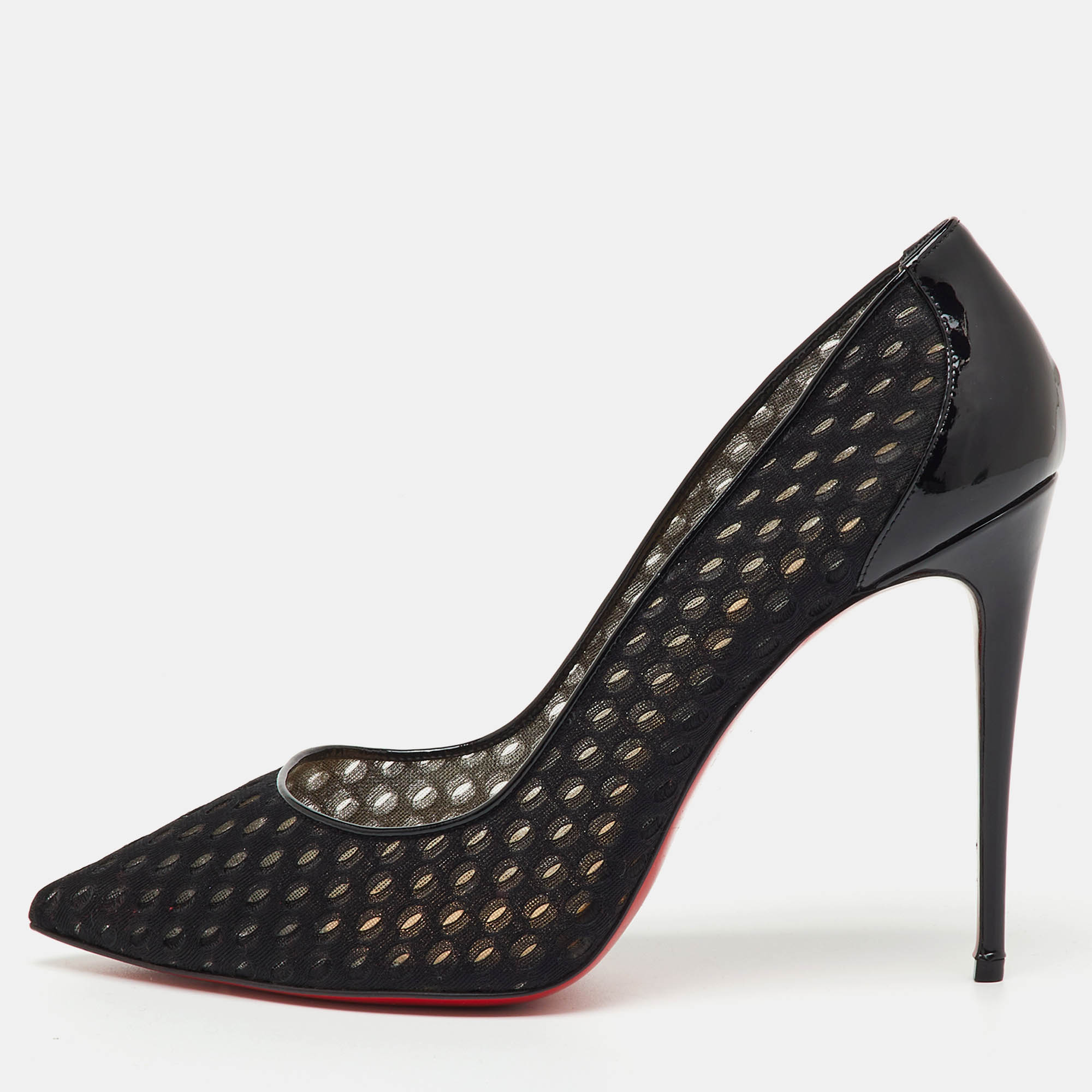 Pre-owned Christian Louboutin Black Fabric And Patent Leather Pointed Toe Pumps Size 39.5