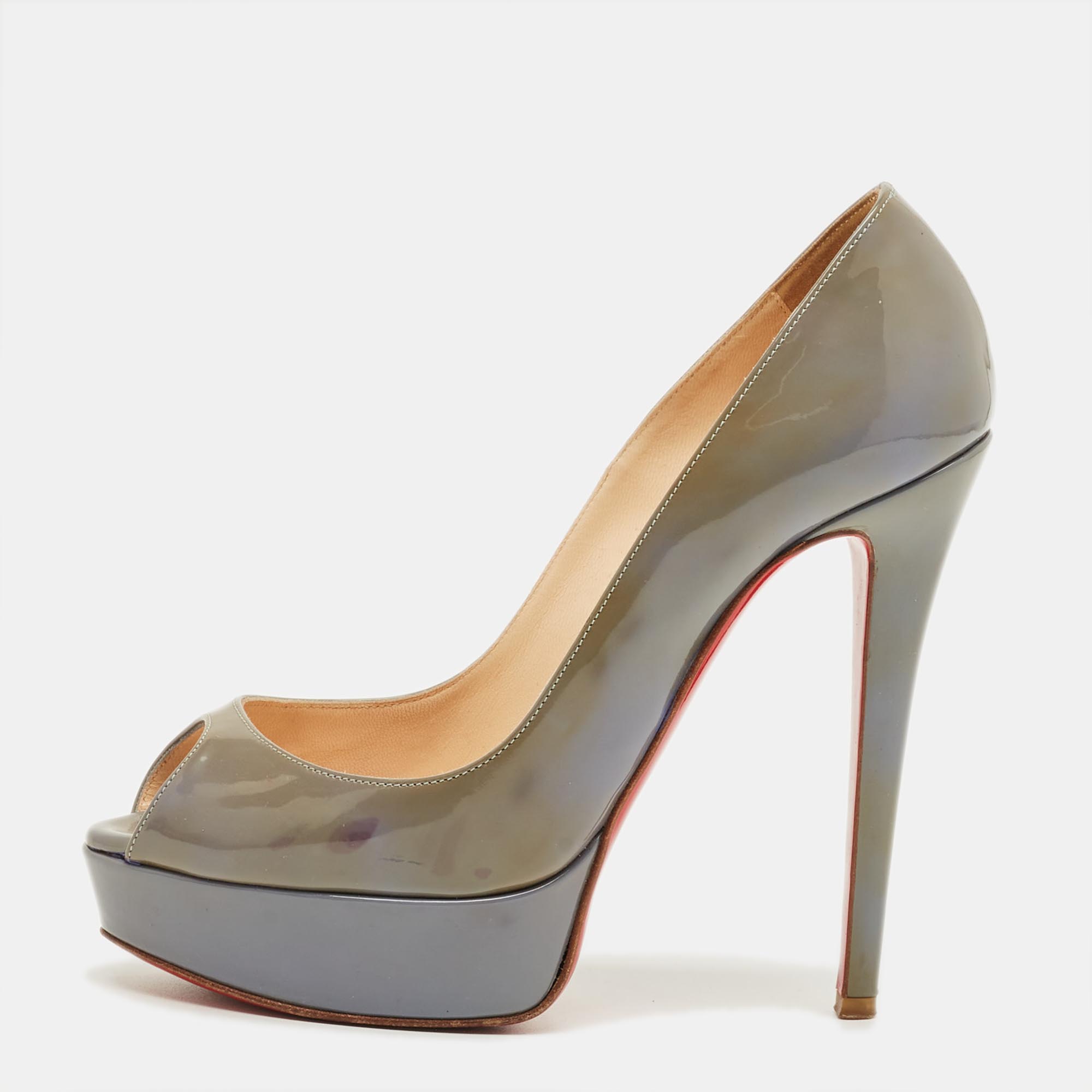 Pre-owned Christian Louboutin Grey Patent Leather Lady Peep Toe Pumps Size 36 In Gray