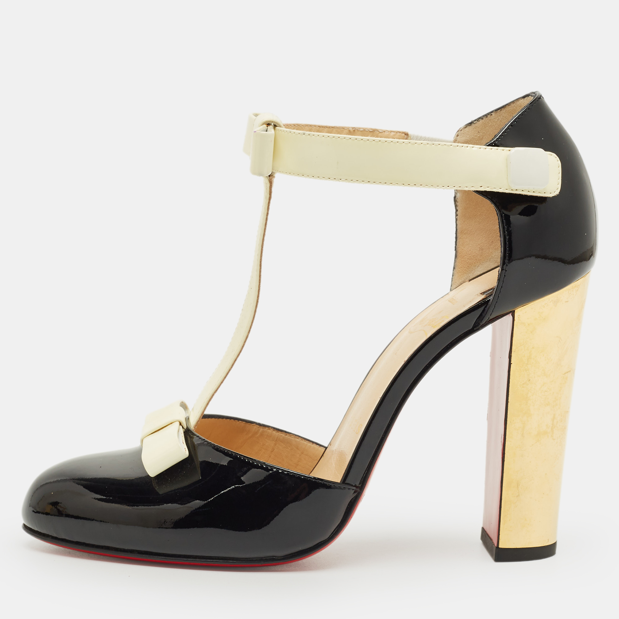 Pre-owned Christian Louboutin Black/off White Patent Leather T Strap Pumps Size 38