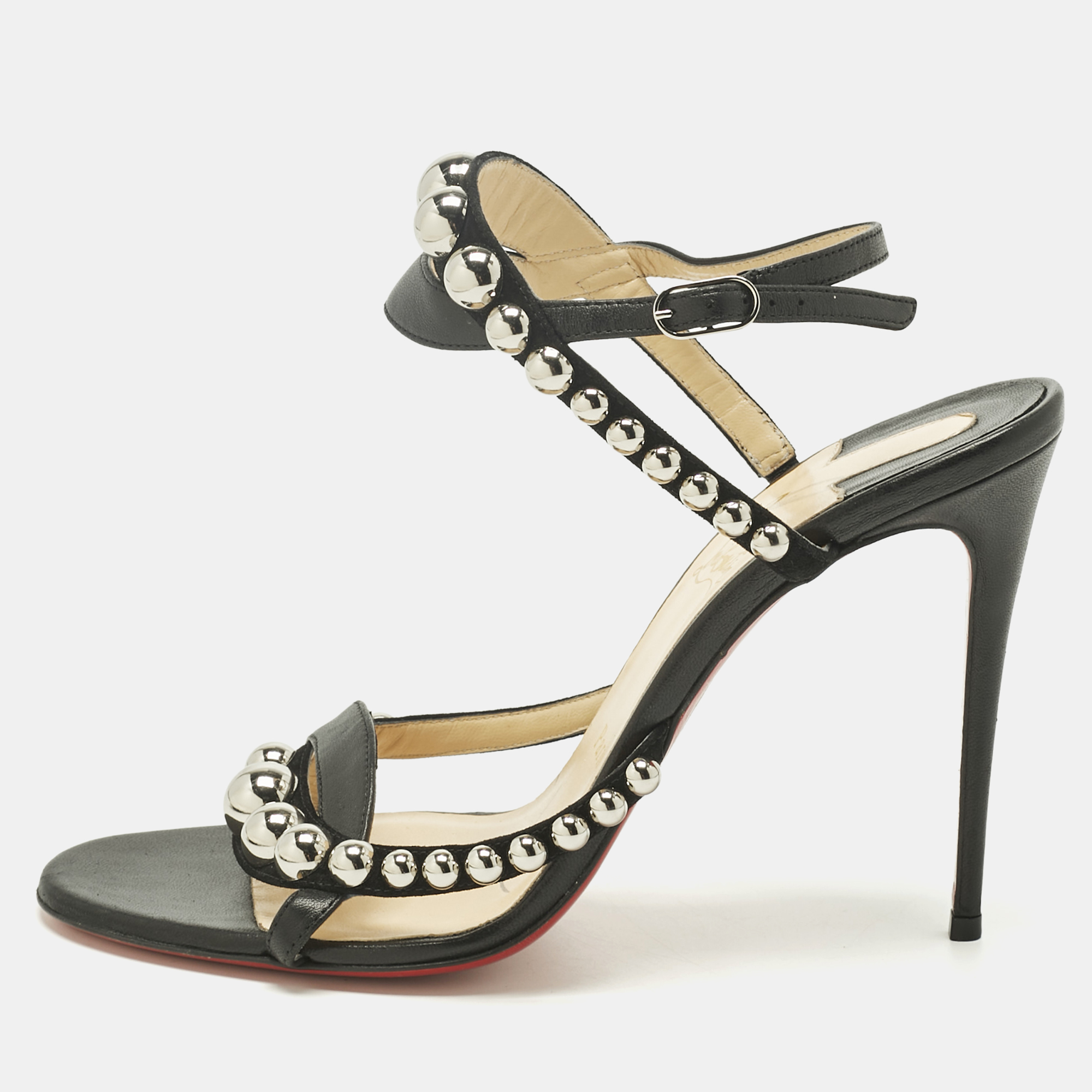 Pre-owned Christian Louboutin Black Leather Studded Galeria Slingback Sandals Size 39.5