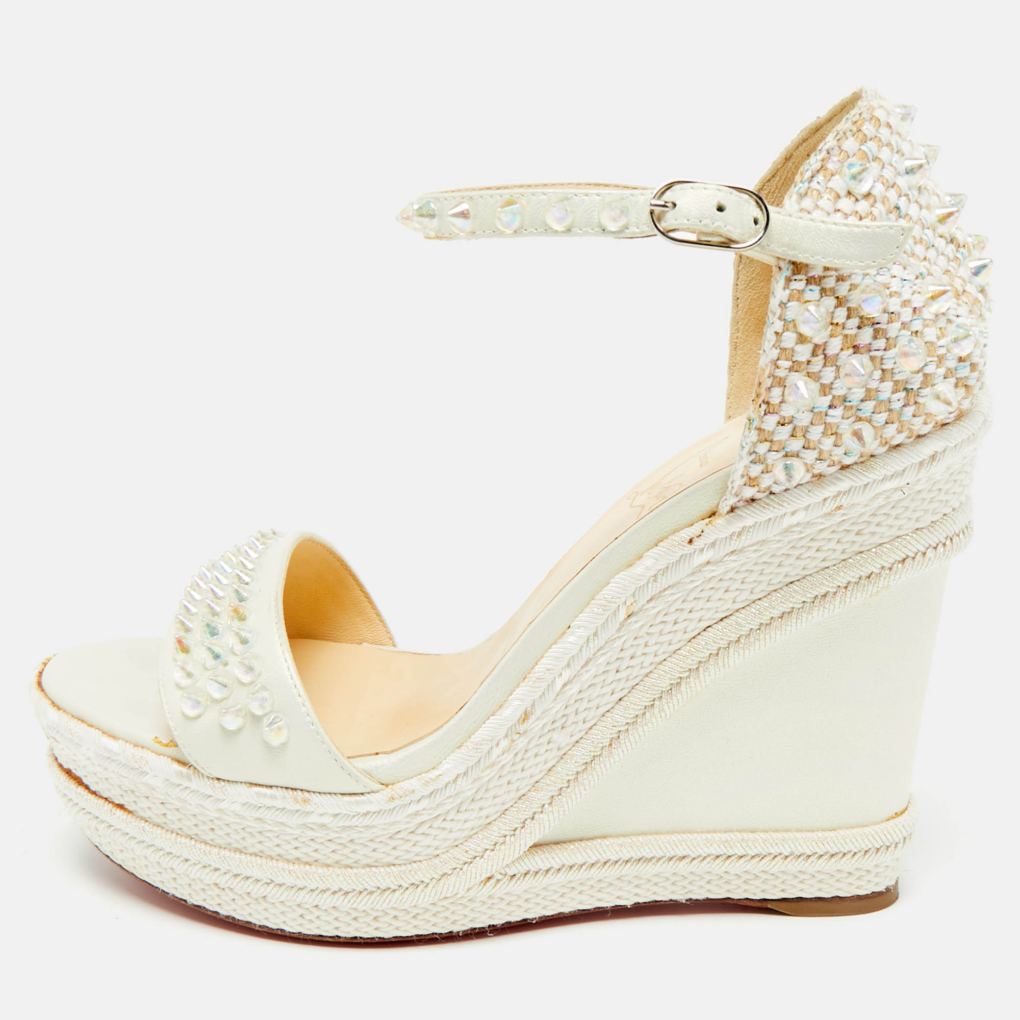 Christian Louboutin Ivory Leather and Woven Fabric Madmonica Spiked Espadrille Wedge Sandals Size 37