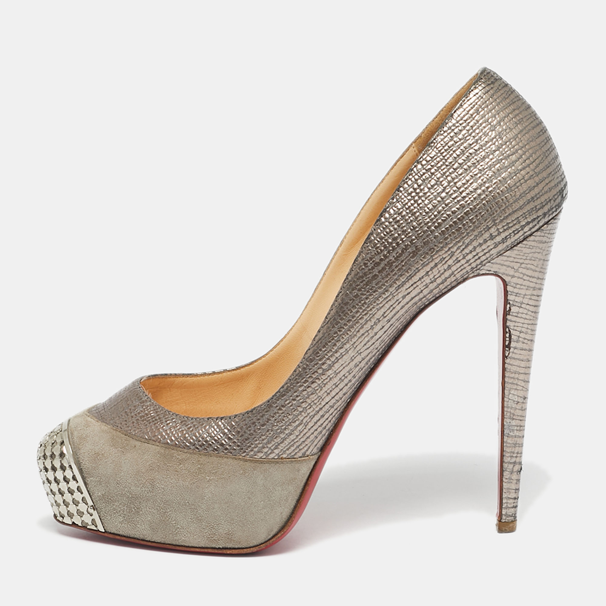 Pre-owned Christian Louboutin Two Tone Suede Maggie Embellished Cap Toe Platform Pumps Size 41 In Silver