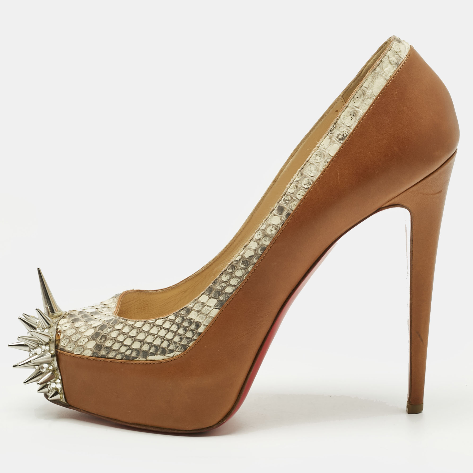 Pre-owned Christian Louboutin Brown Leather And Python Asteroid Spike Platform Pumps Size 41