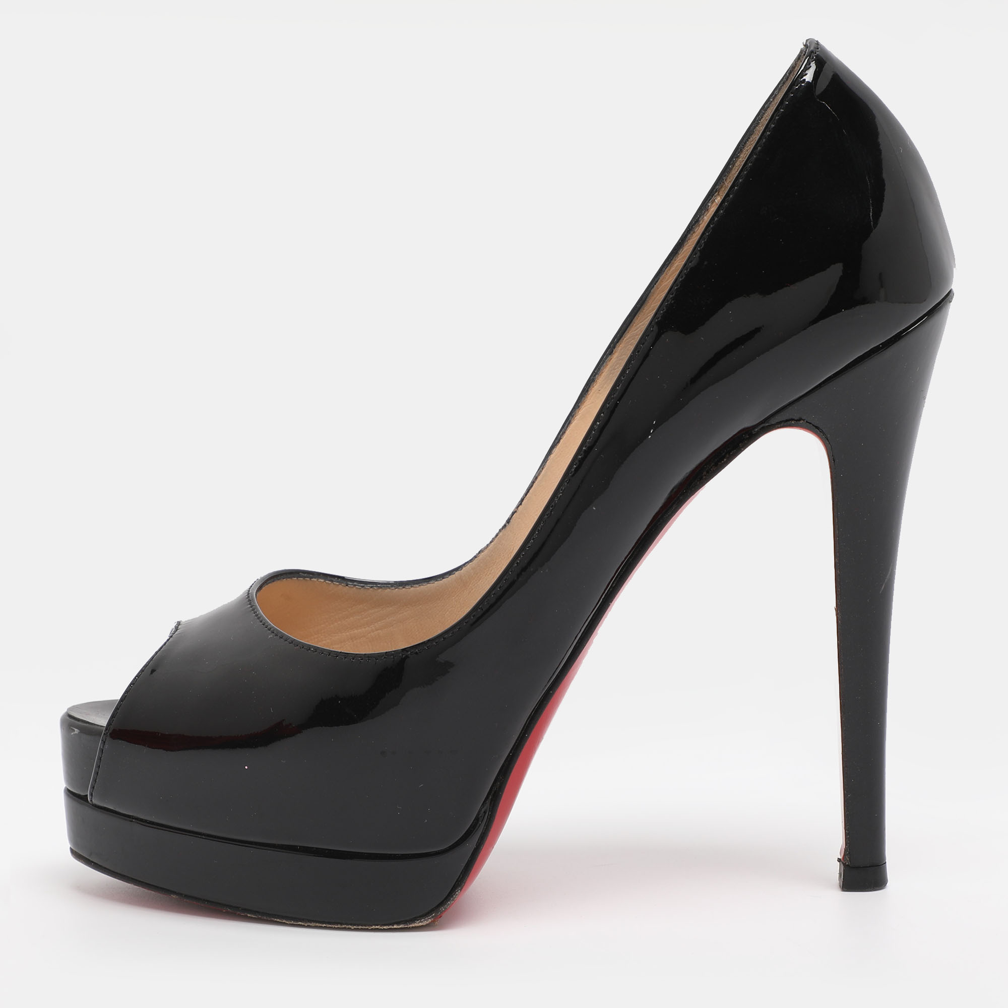 Pre-owned Christian Louboutin Black Patent Leather Lady Peep Toe Platform Pumps Size 35