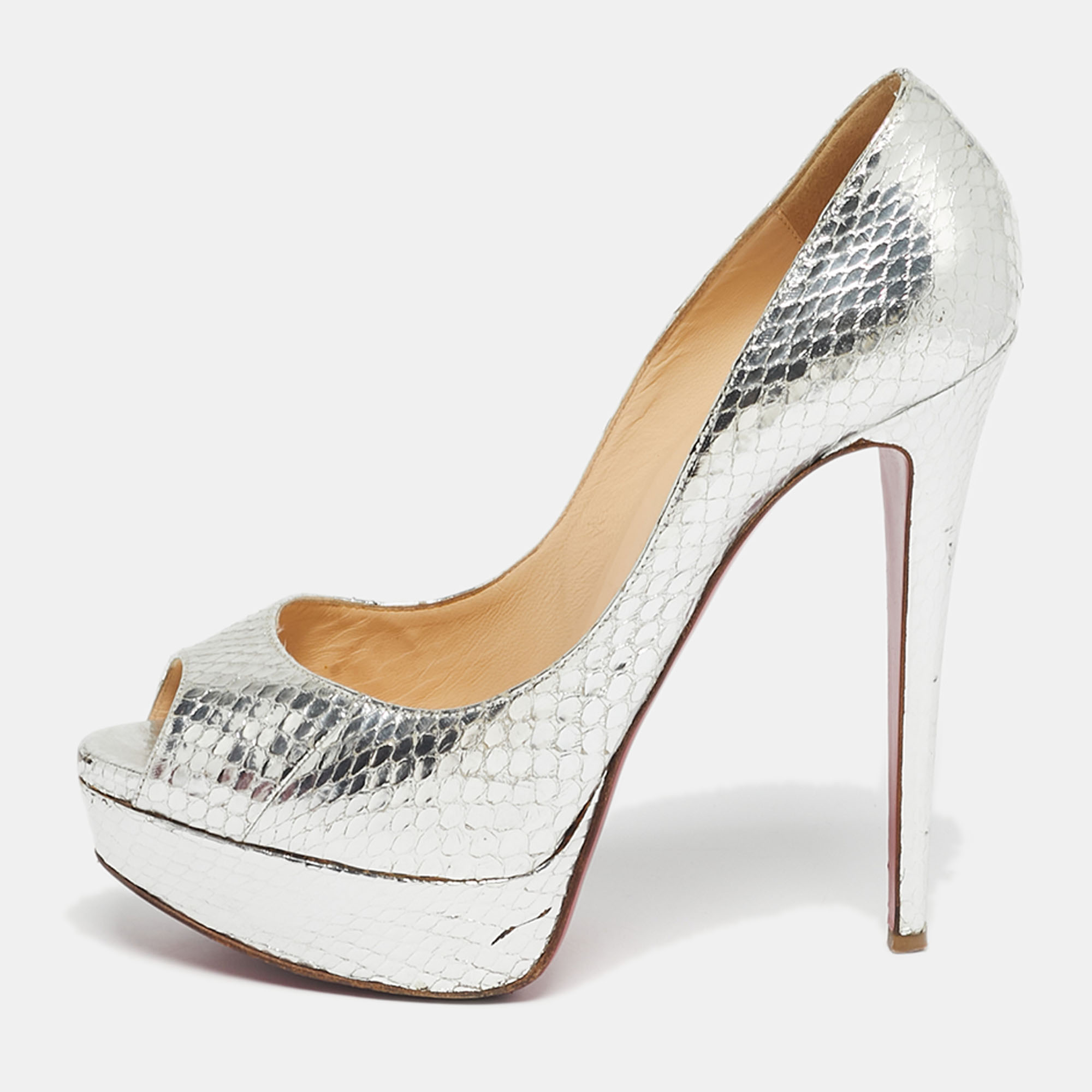 

Christian Louboutin Silver Python Embossed Leather Lady Peep Peep Toe Pumps Size