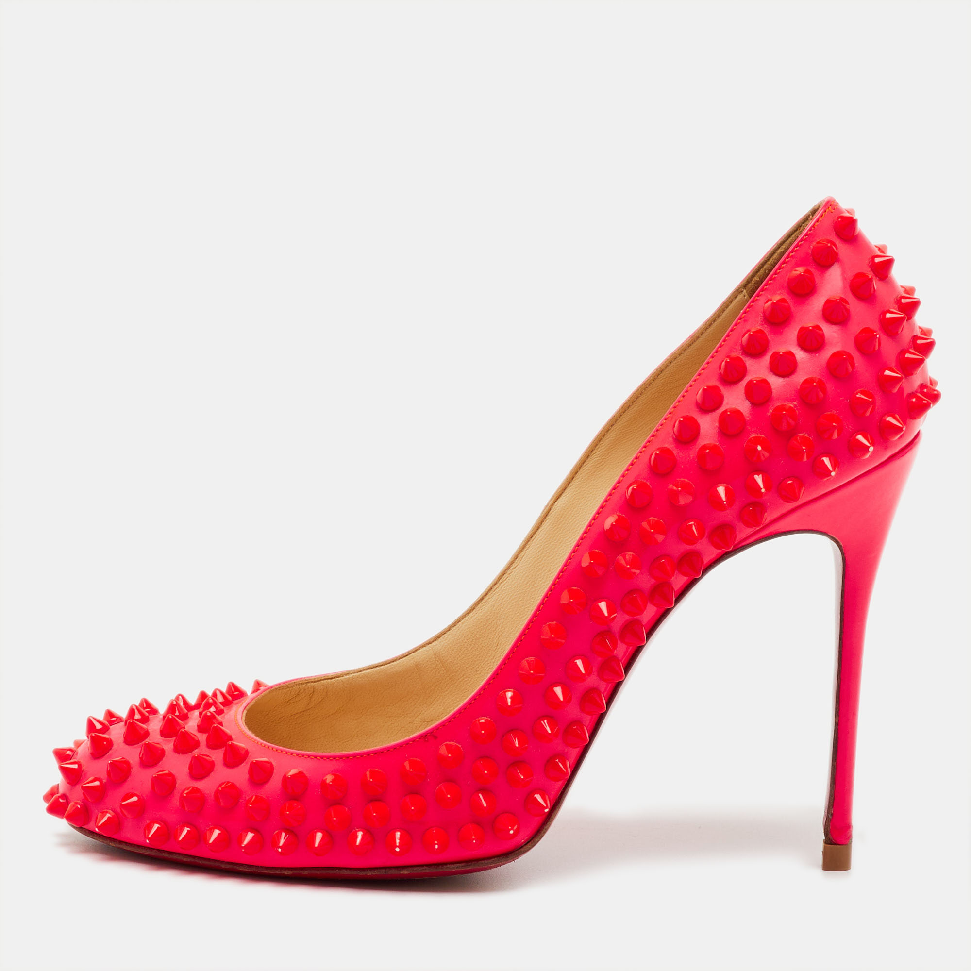 Pre-owned Christian Louboutin Neon Pink Patent Leather Fifi Spike Pumps Size 39