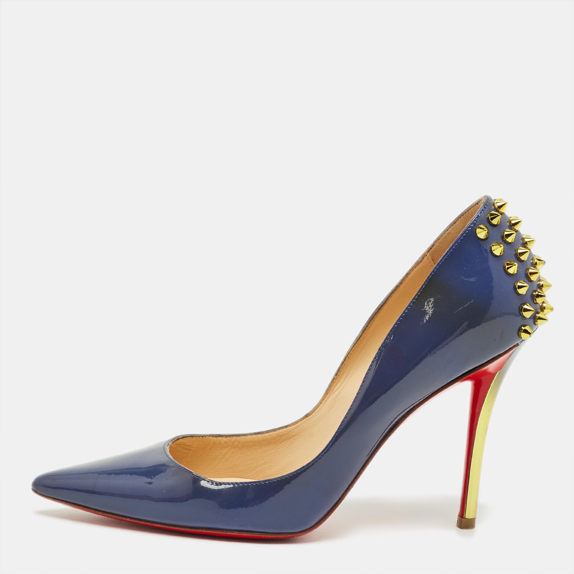 Pre-owned Christian Louboutin Blue Patent Leather Spike Zappa Pumps Size 36.5
