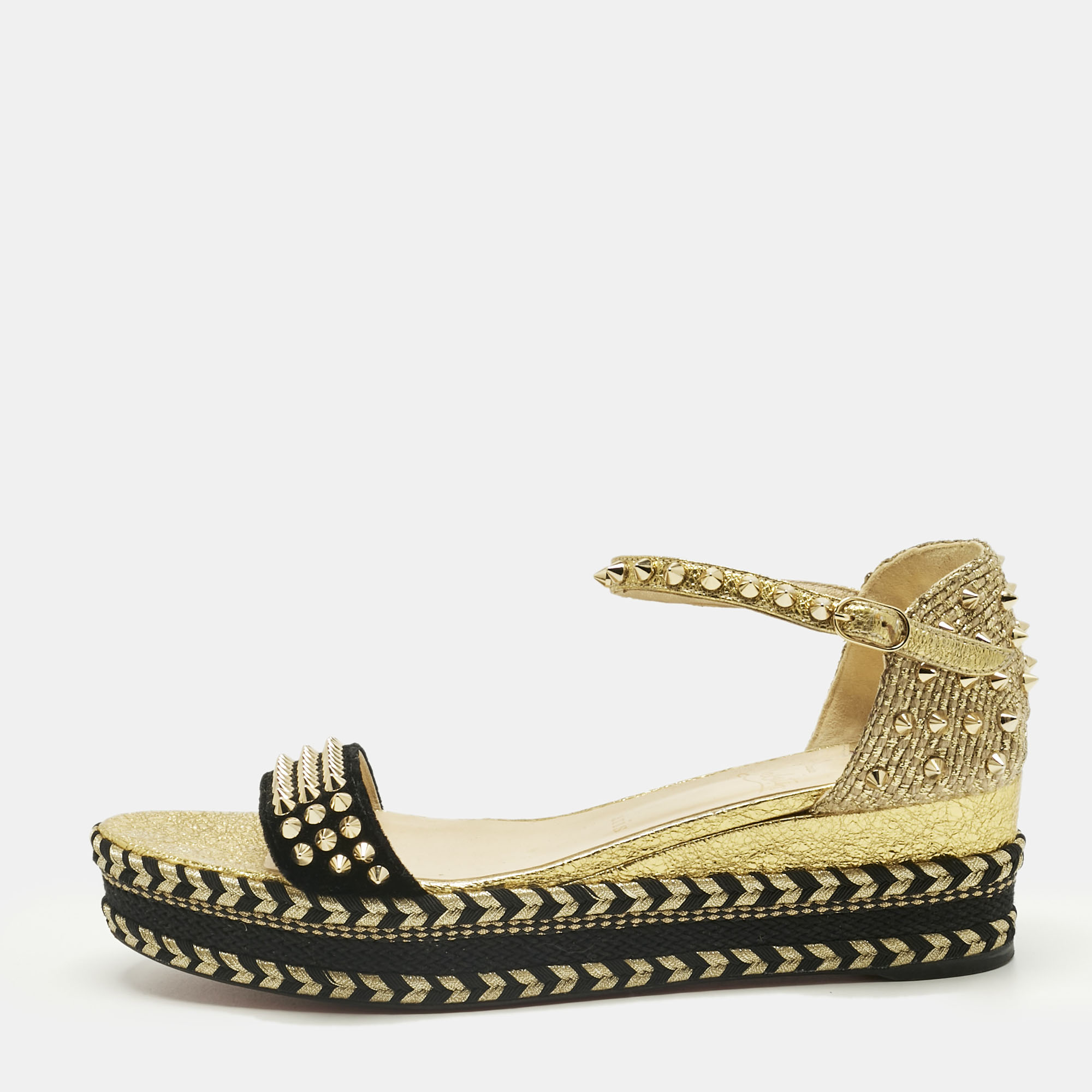 Pre-owned Christian Louboutin Gold Velvet And Straw Jute Spiked Espadrille Wedge Sandals Size 42