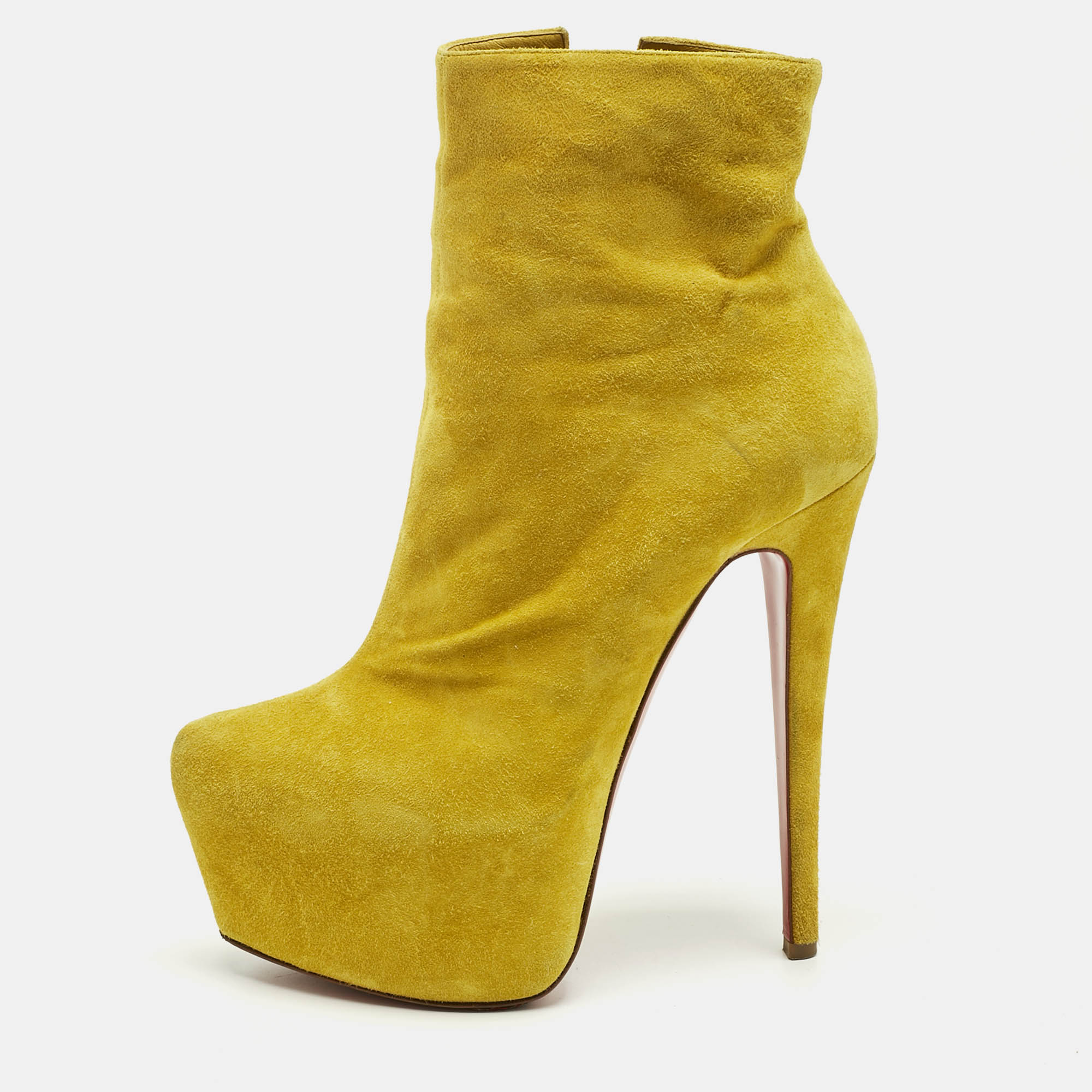Pre-owned Christian Louboutin Yellow Suede Lady Daf Platform Ankle Boots Size 37