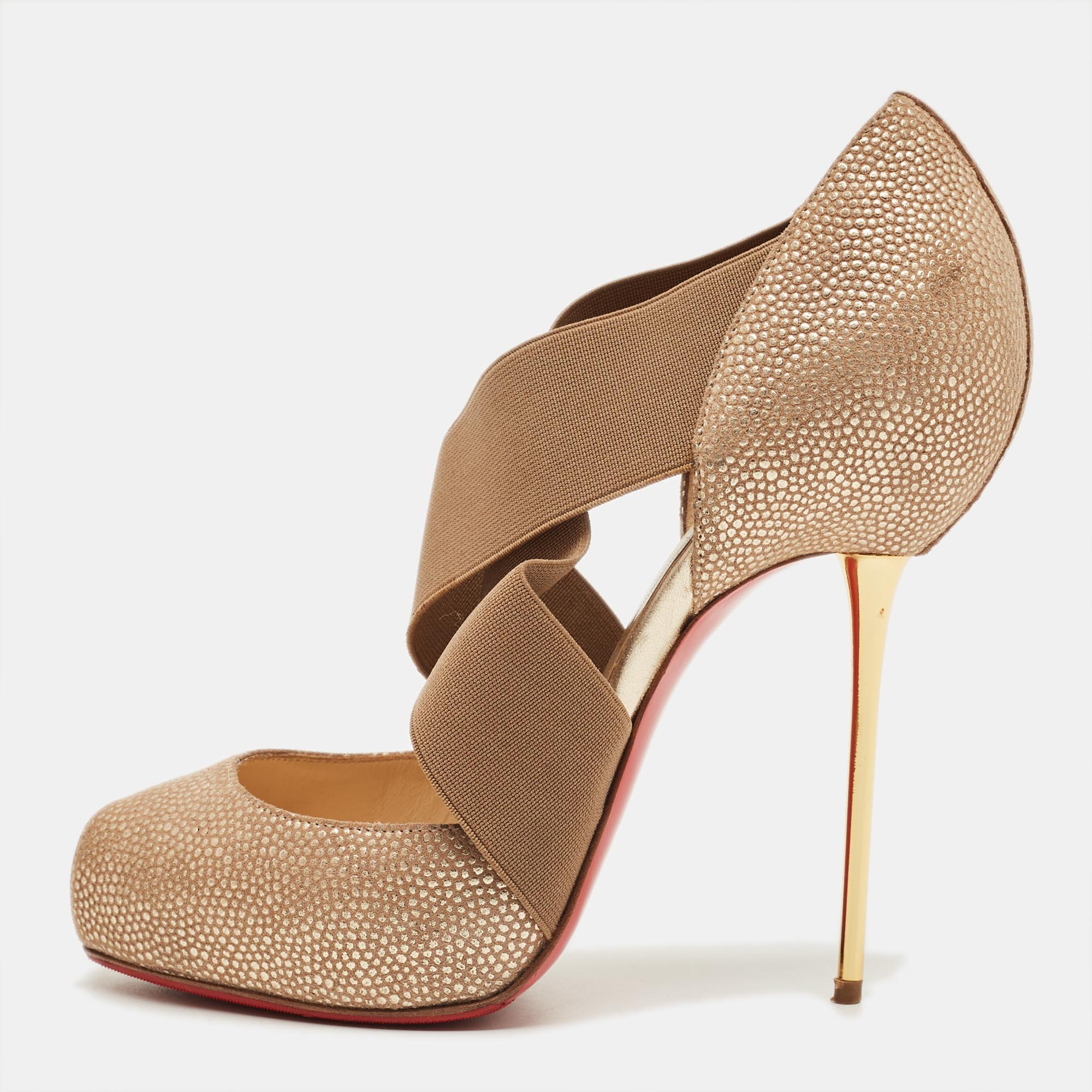 Pre-owned Christian Louboutin Gold Textured Suede And Elastic Big Dorcet Pumps Size 37