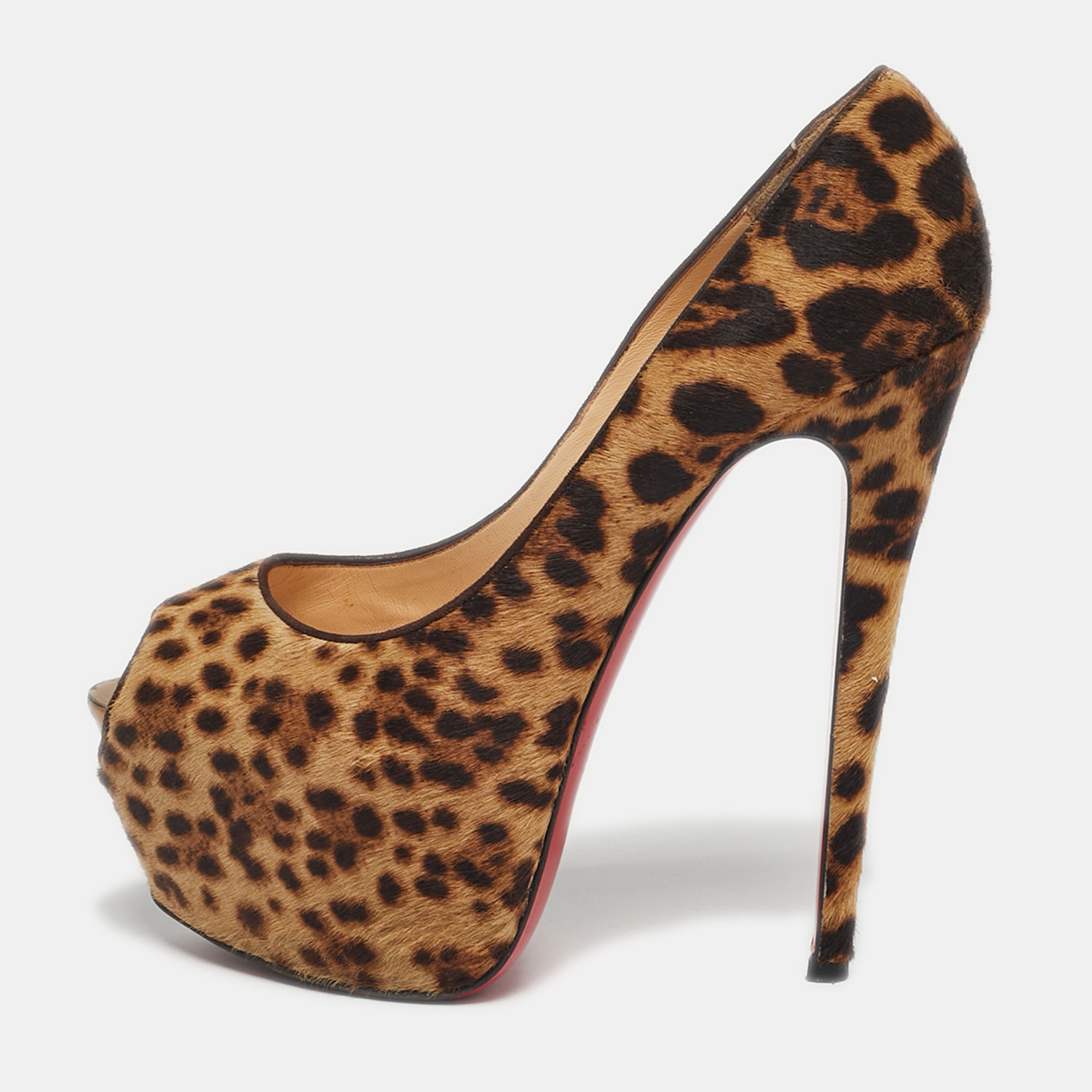 Pre-owned Christian Louboutin Brown Leopard Print Calf Hair Highness Peep Toe Platform Pumps Size 40.5