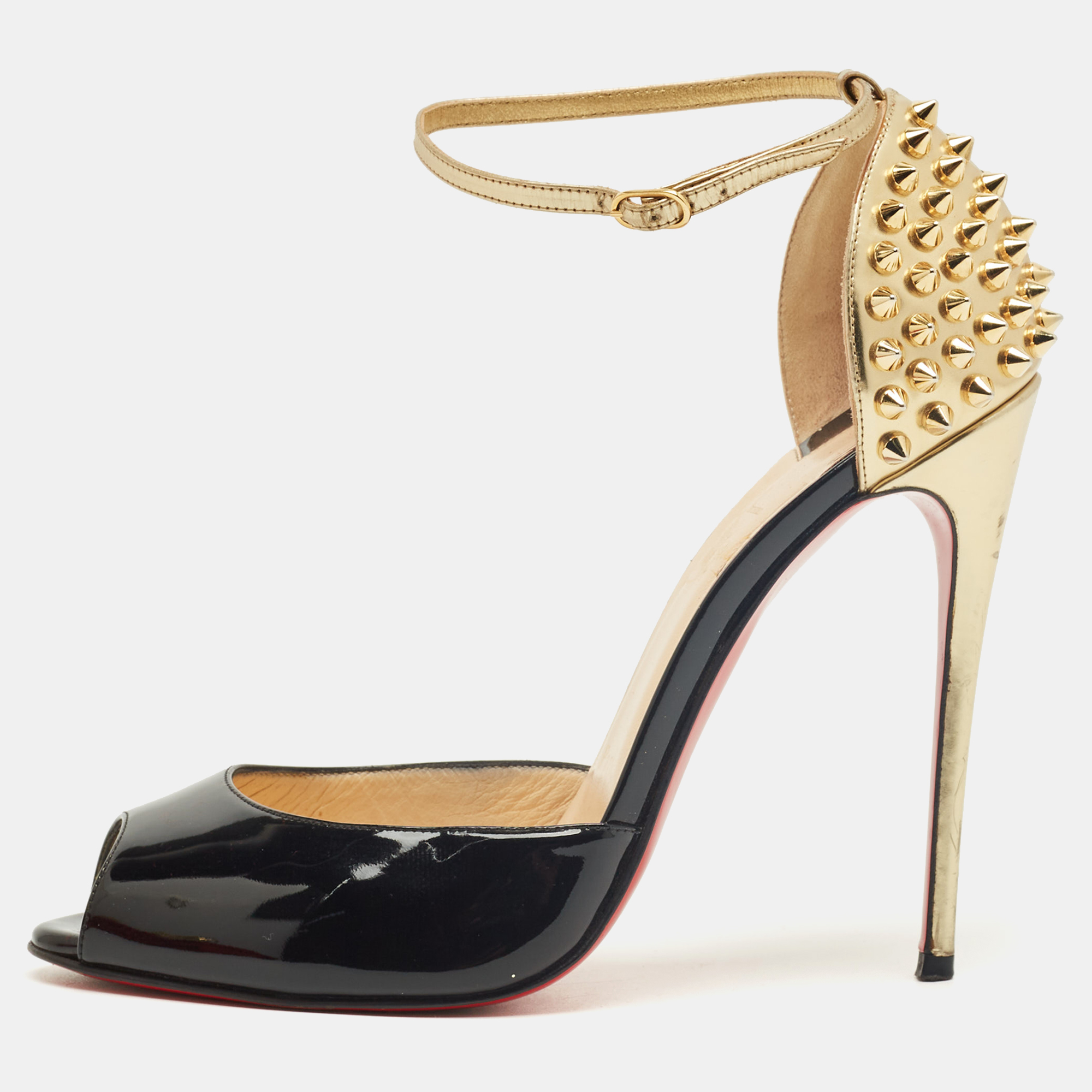 Pre-owned Christian Louboutin Black Patent And Leather Pina Spike Ankle Strap Sandals Size 38.5