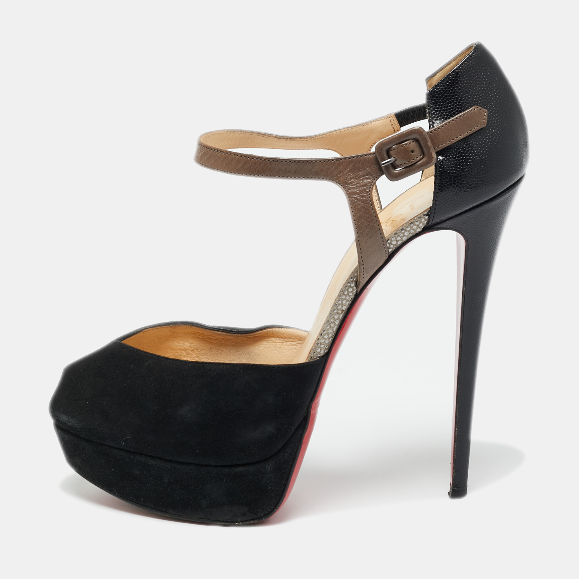 

Christian Louboutin Black/Grey Leather Peep Toe Platform Pumps Size