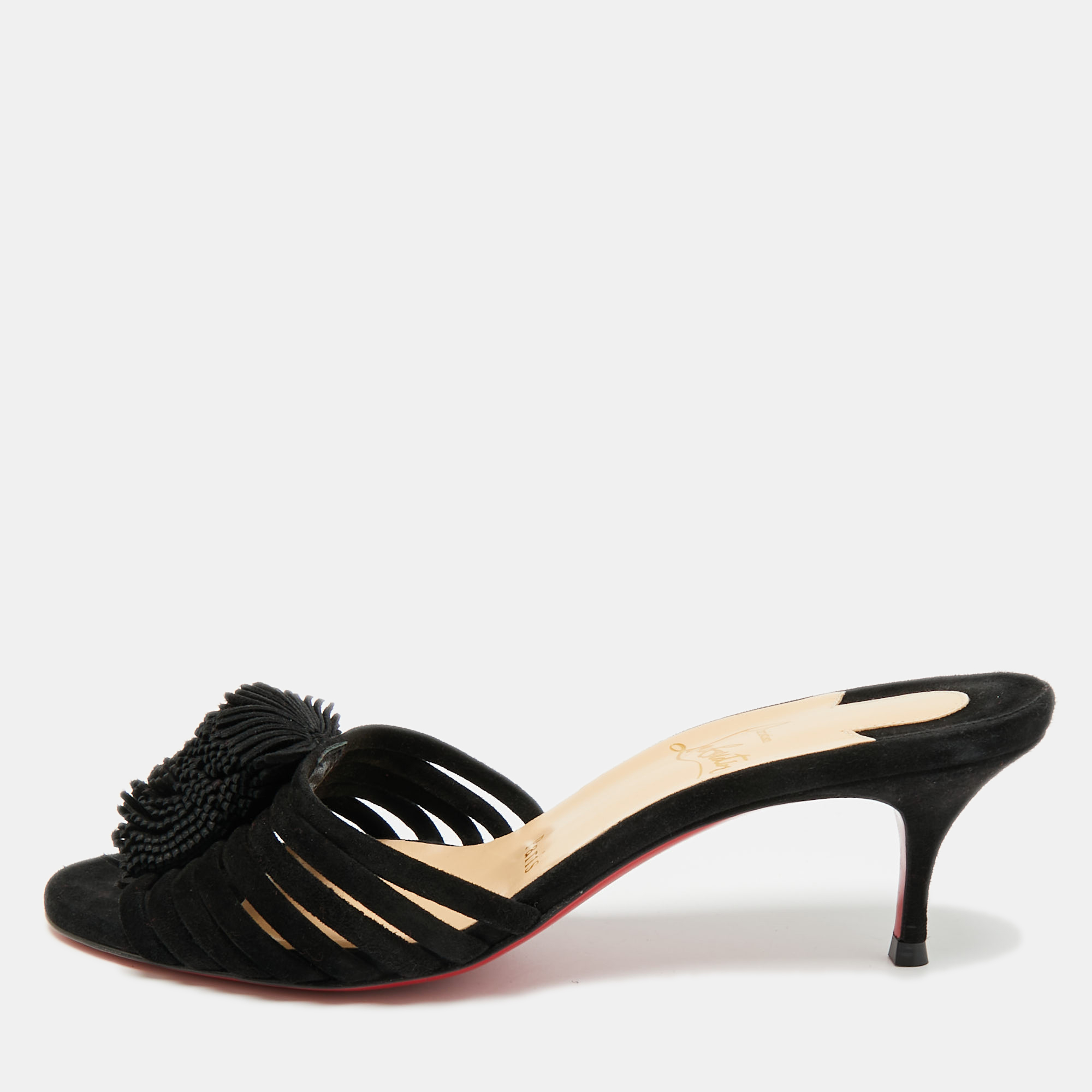 Pre-owned Christian Louboutin Black Suede Belbrossa Pompm Slide Sandals Size 37