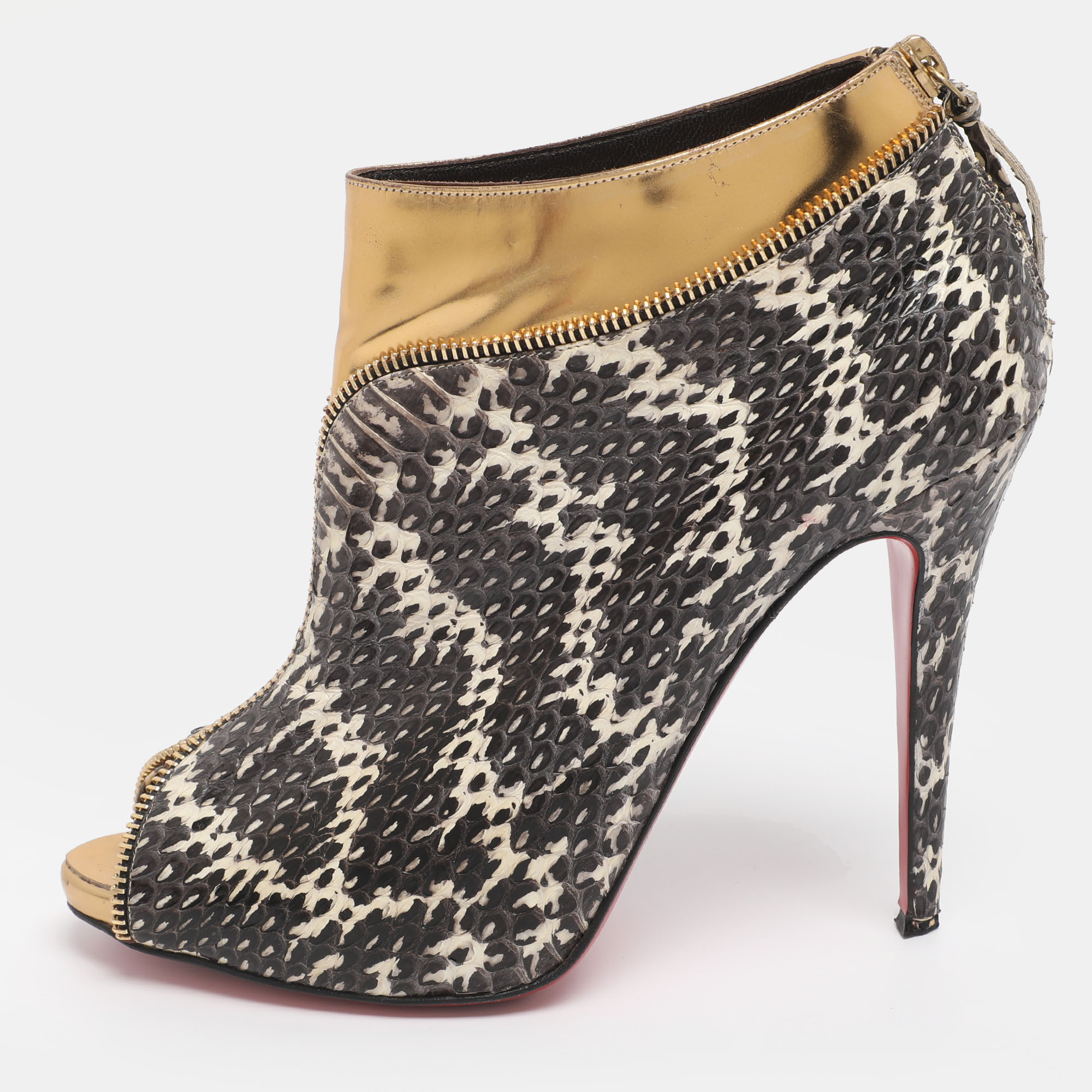 CHRISTIAN LOUBOUTIN Pre-owned Grey/gold Foil Leather And Python Leather Col Zippe Booties Size 40 In Gray