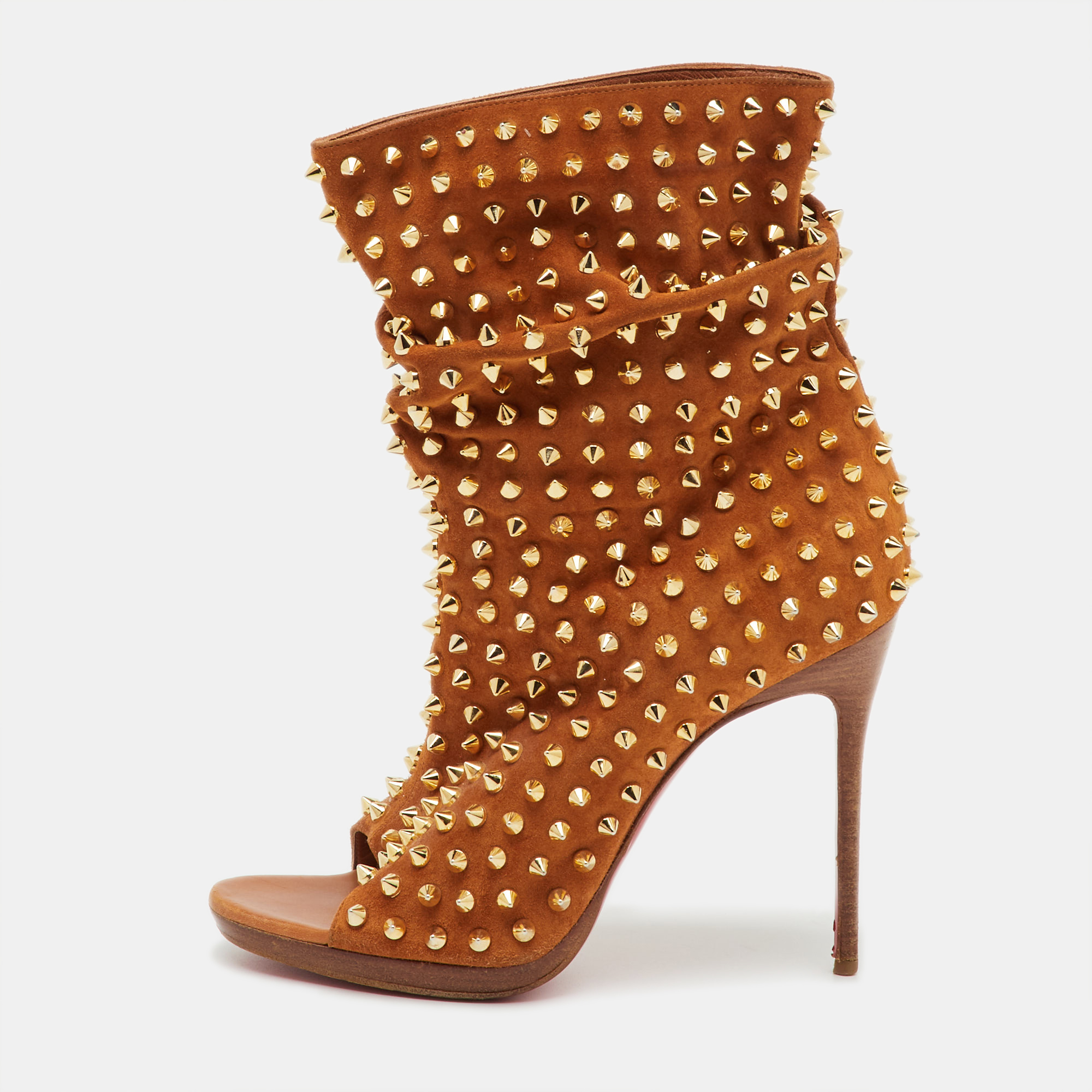 CHRISTIAN LOUBOUTIN Pre-owned Brown Spiked Suede Guerilla Open Toe Slouchy Ankle Boots Size 37