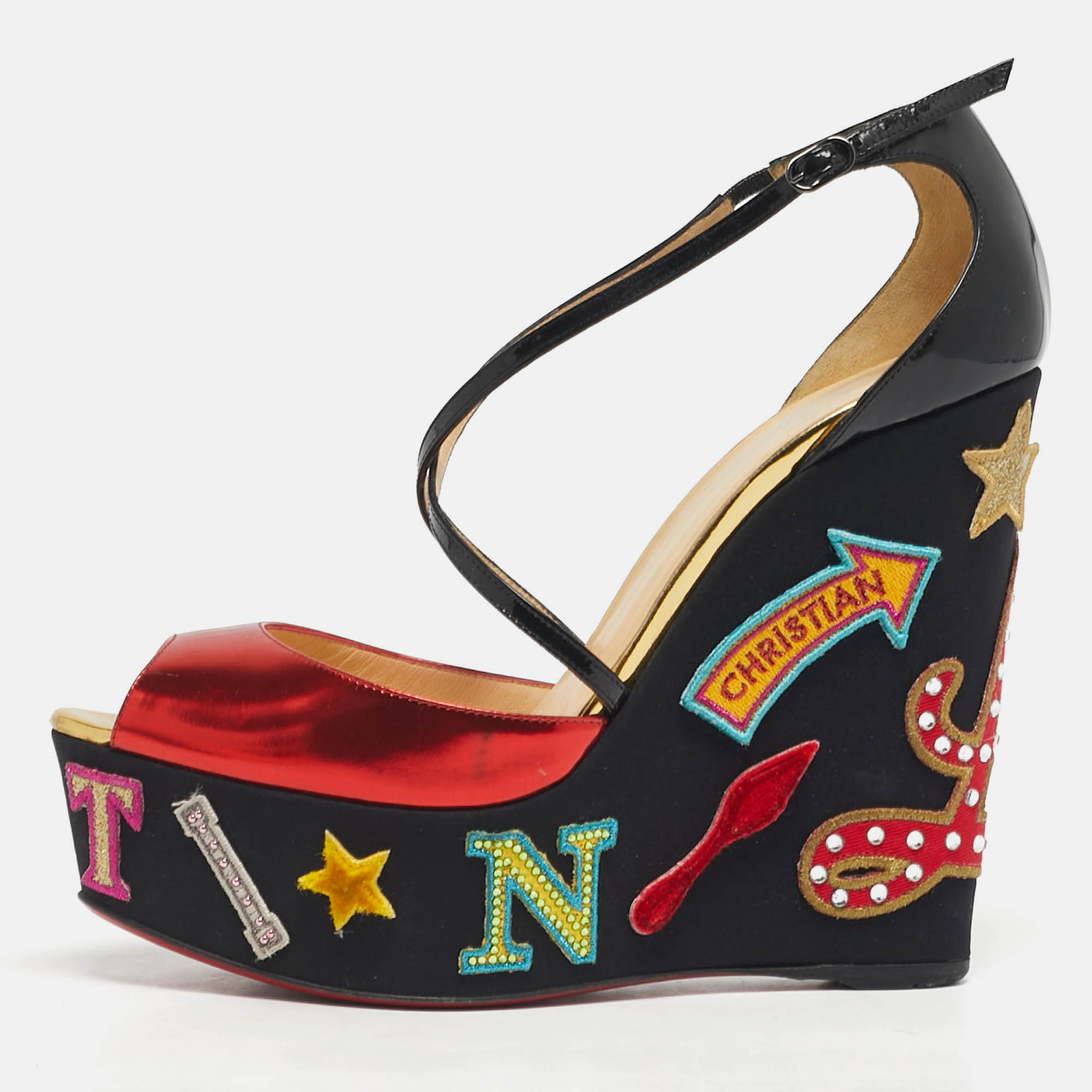 Pre-owned Christian Louboutin Multicolor Patent Leather Loubi Zeppa Wedge Sandals Size 39