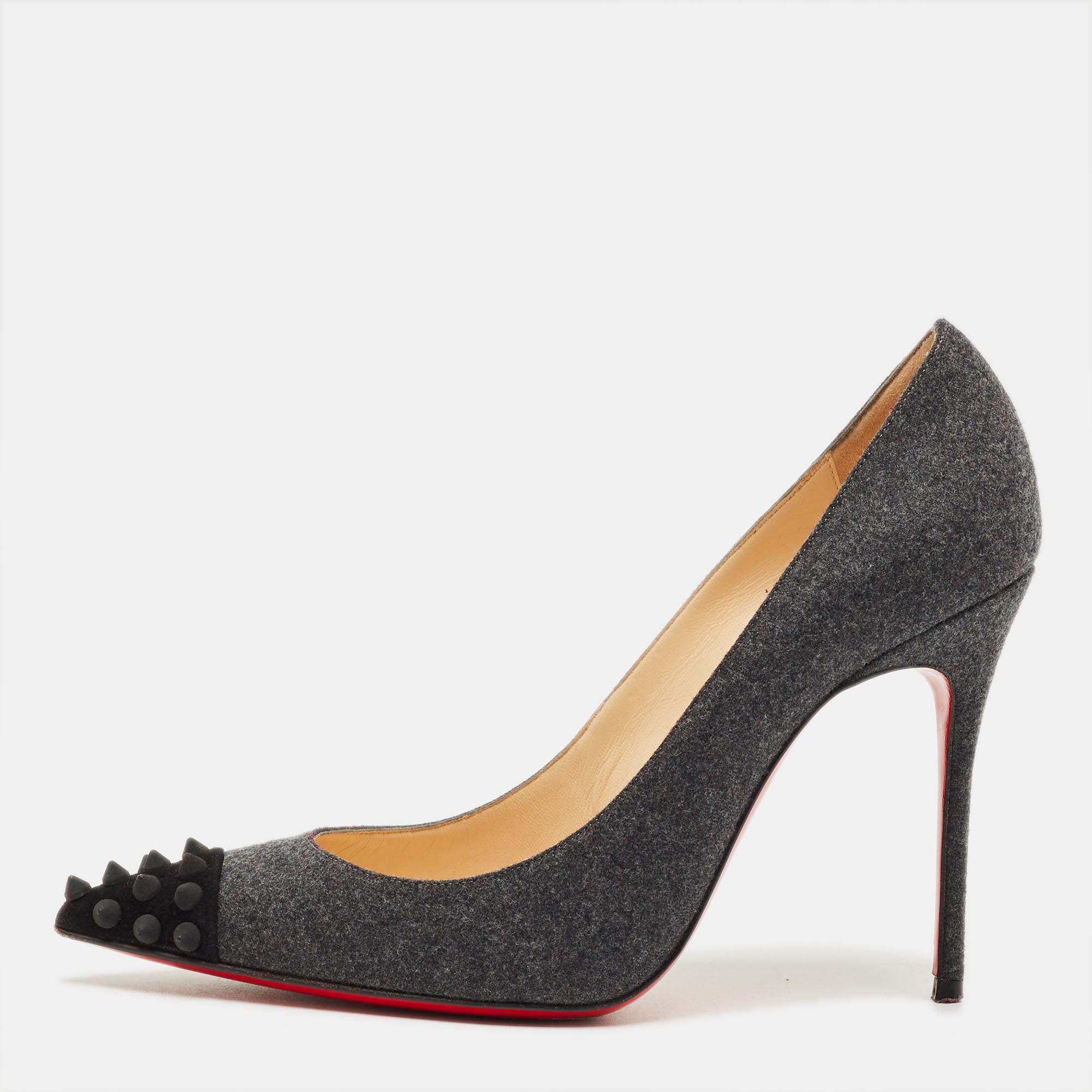 

Christian Louboutin Grey/Black Wool Geo Spiked Pumps Size