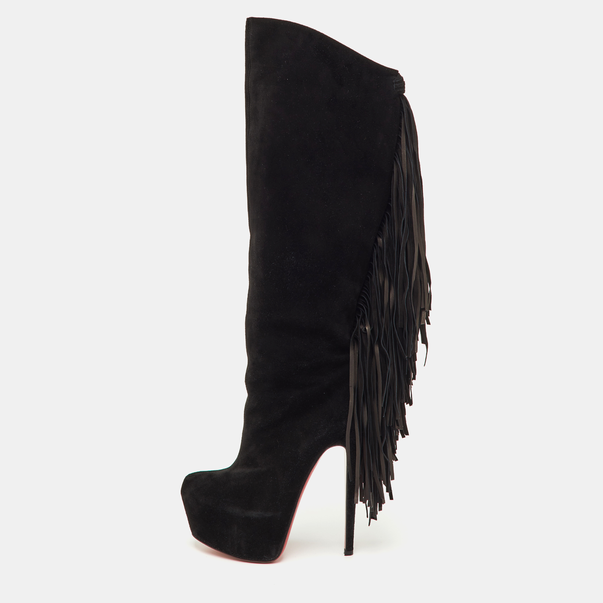 Pre-owned Christian Louboutin Interlopa Fringe Size 37 Black Suede Platform Knee Length Boots
