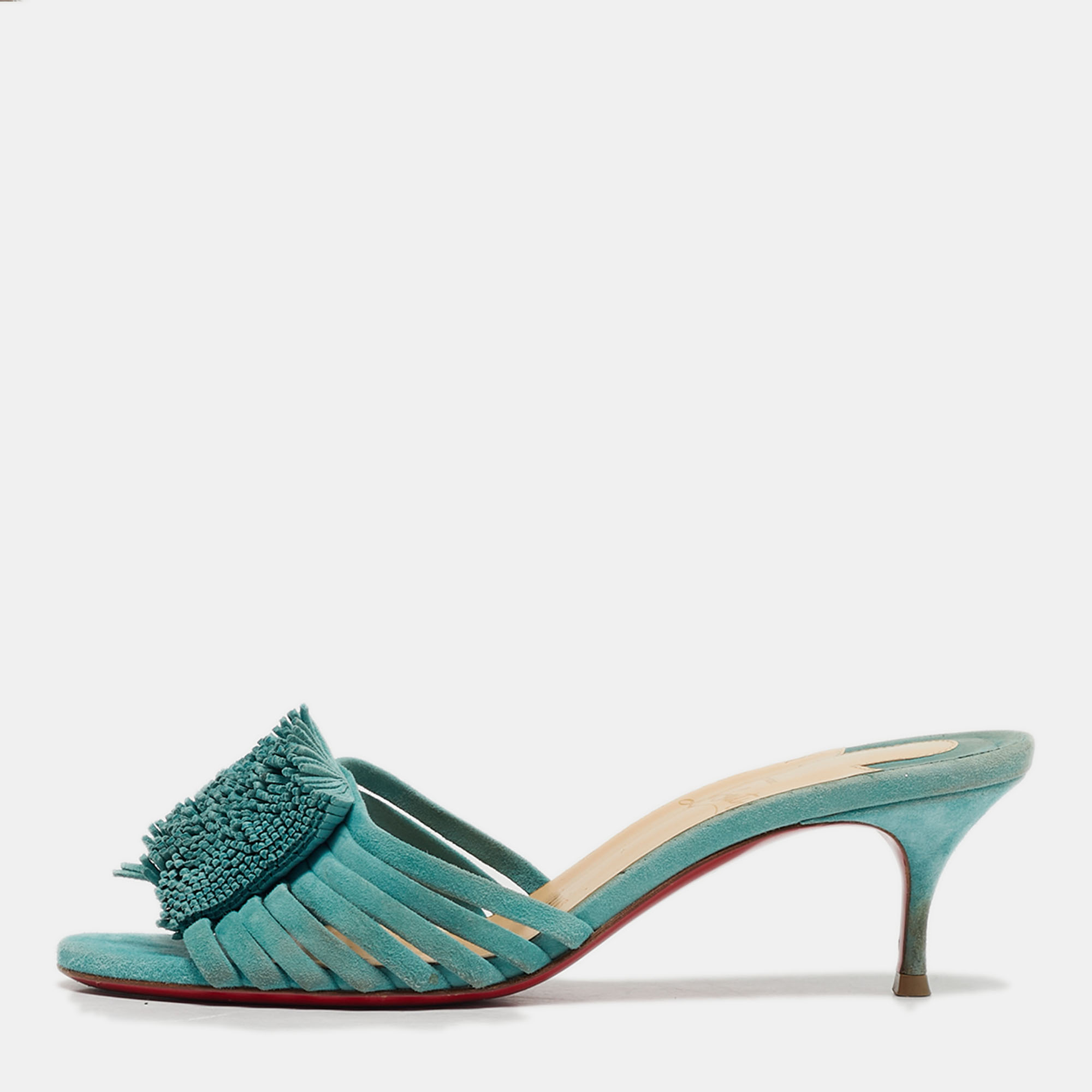 Pre-owned Christian Louboutin Belbrossa Size 36.5 Blue Suede Fringe Trim Slide Sandals