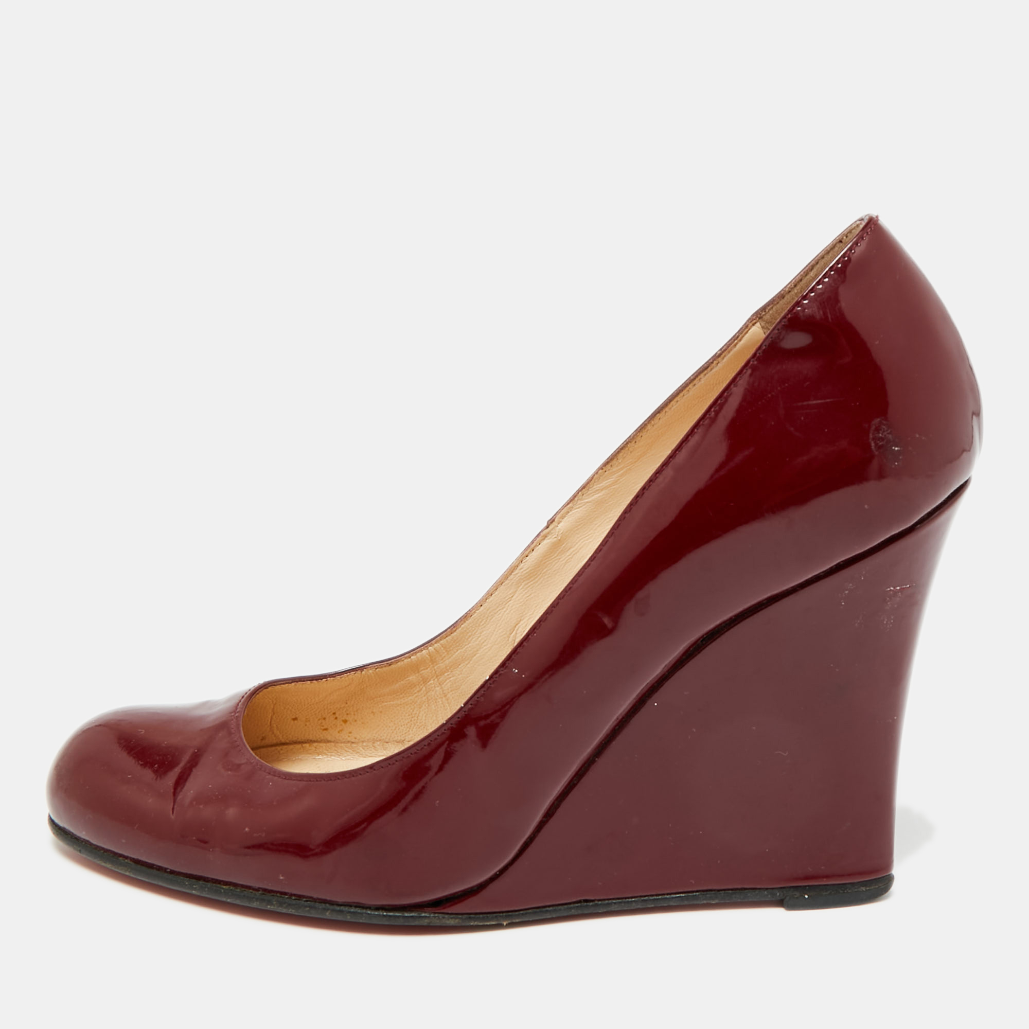 Pre-owned Christian Louboutin Ron Ron Zeppa Size 38 Burgundy Patent Leather Wedge Pumps