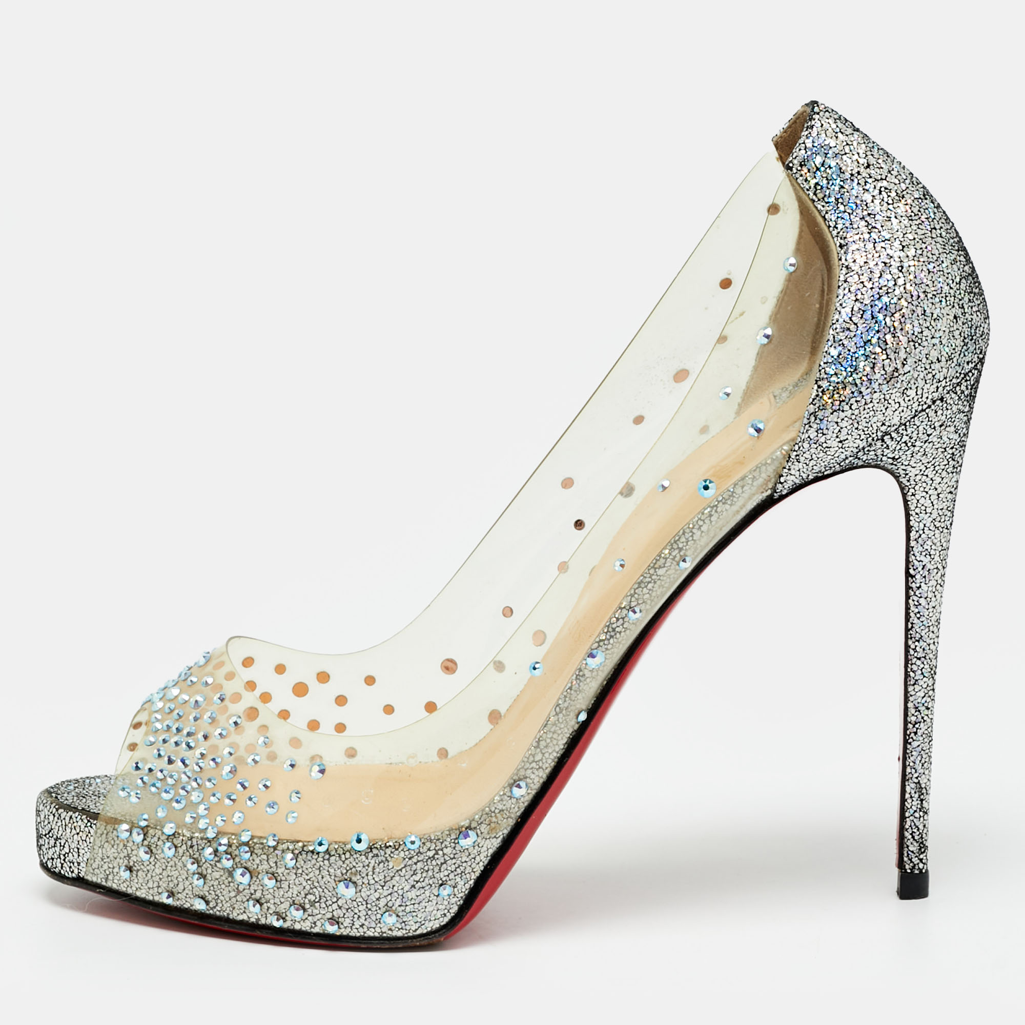 

Christian Louboutin Very strass Size  Transparent/Metallic Leather and PVC Peep Toe Pumps