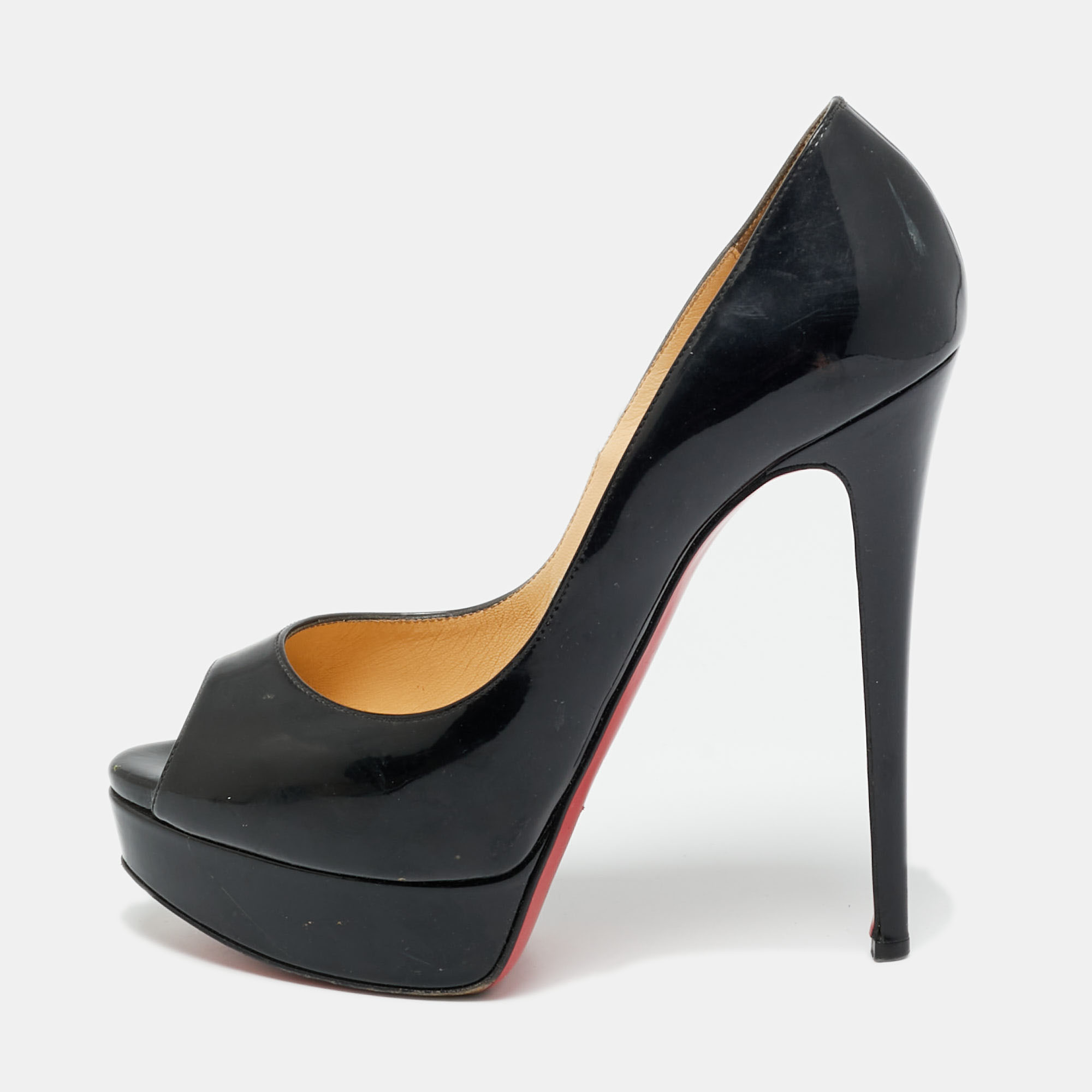 

Christian Louboutin Black Patent Leather Lady Peep Toe Platform Pumps Size