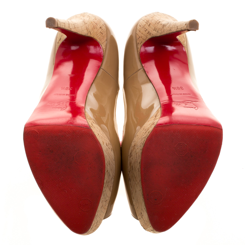Christian Louboutin Beige Patent Leather Banana Cork Heel Peep Toe