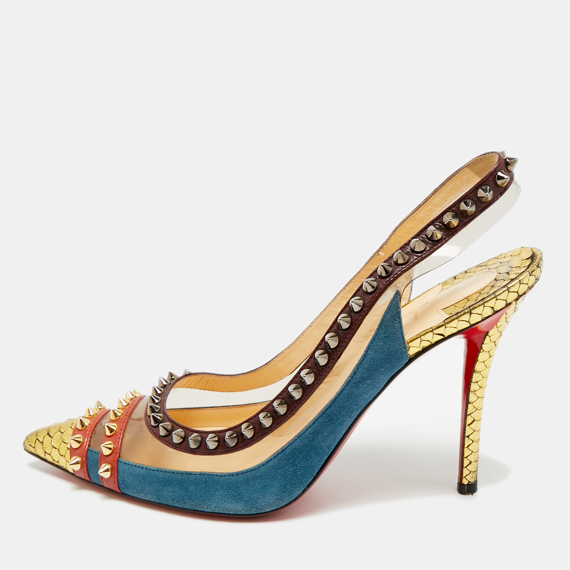 Click to view more detailed imagery on our partner's website Pre-owned Christian Louboutin Studded Cloo Size 37.5 Multicolor Pvc Snakeskin And Suede Slingback Pumps