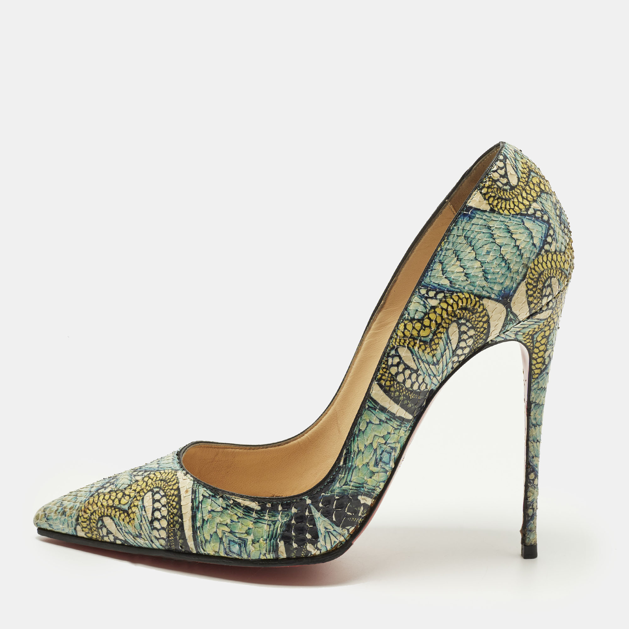 

Christian Louboutin Inferno So Kate Size  Green/Yellow Snakeskin Pumps