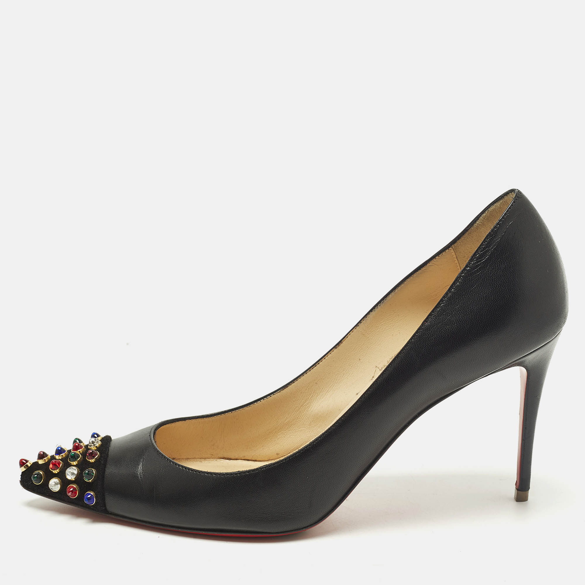 Click to view more detailed imagery on our partner's website Pre-owned Christian Louboutin Studded Cabo Size 38 Black Leather And Suede Pumps