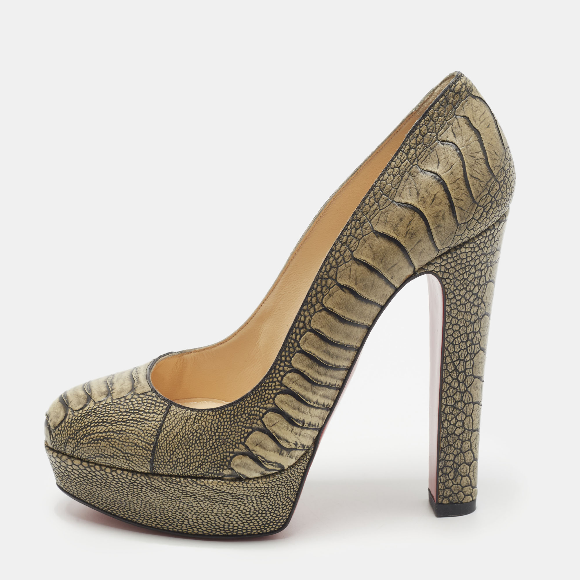 Pre-owned Christian Louboutin Bibi Size 38.5 Olive Green Ostrich Leg Leather Platform Pumps