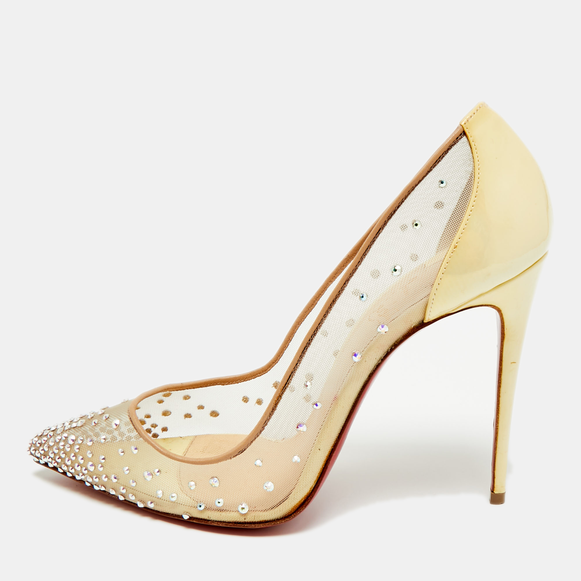 Pre-owned Christian Louboutin Follies Strass Size 38 Yellow Net And Patent Leather Pumps