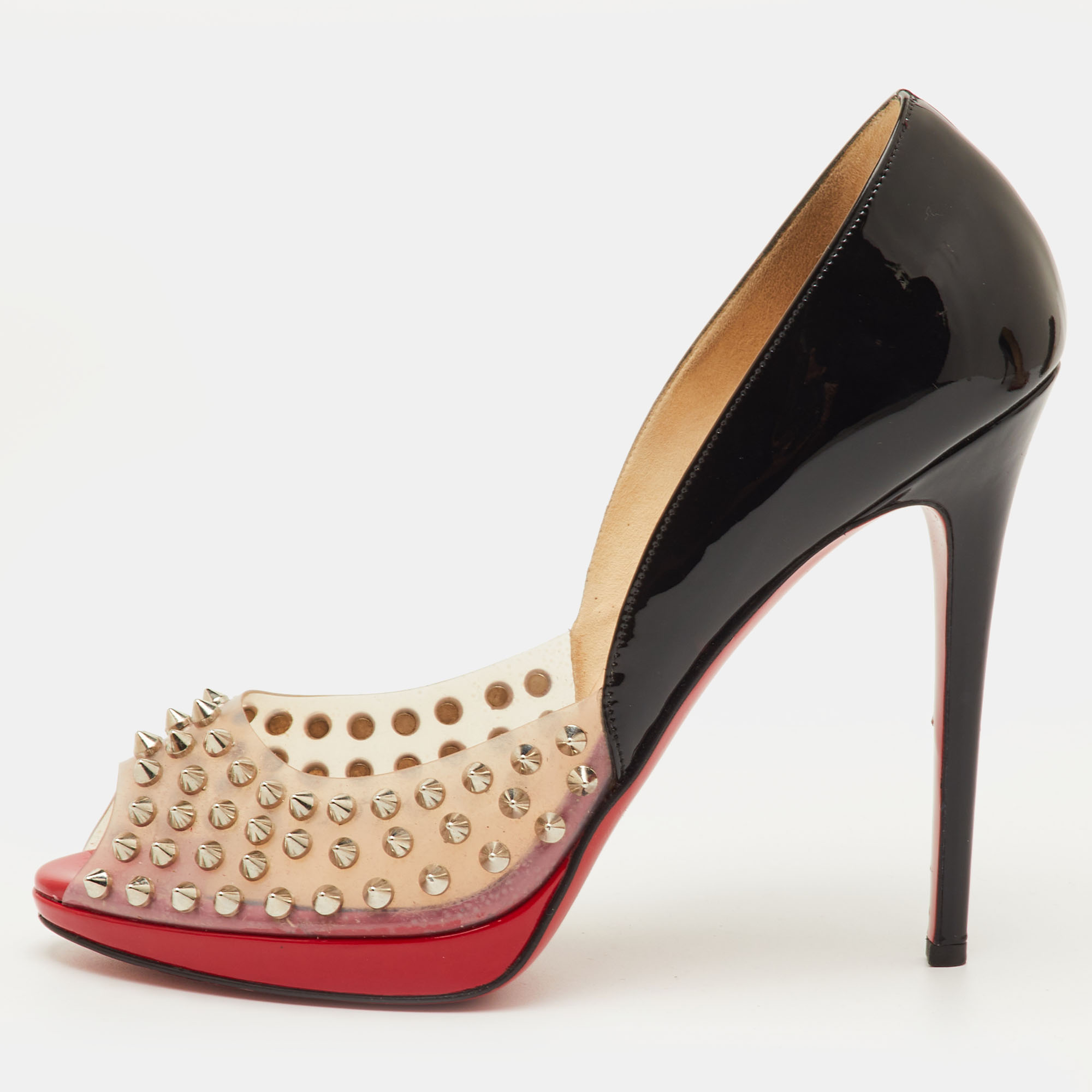 Pre-owned Christian Louboutin Engin Size 41 Black Patent Leather And Pvc Spikes Peep Toe Pumps