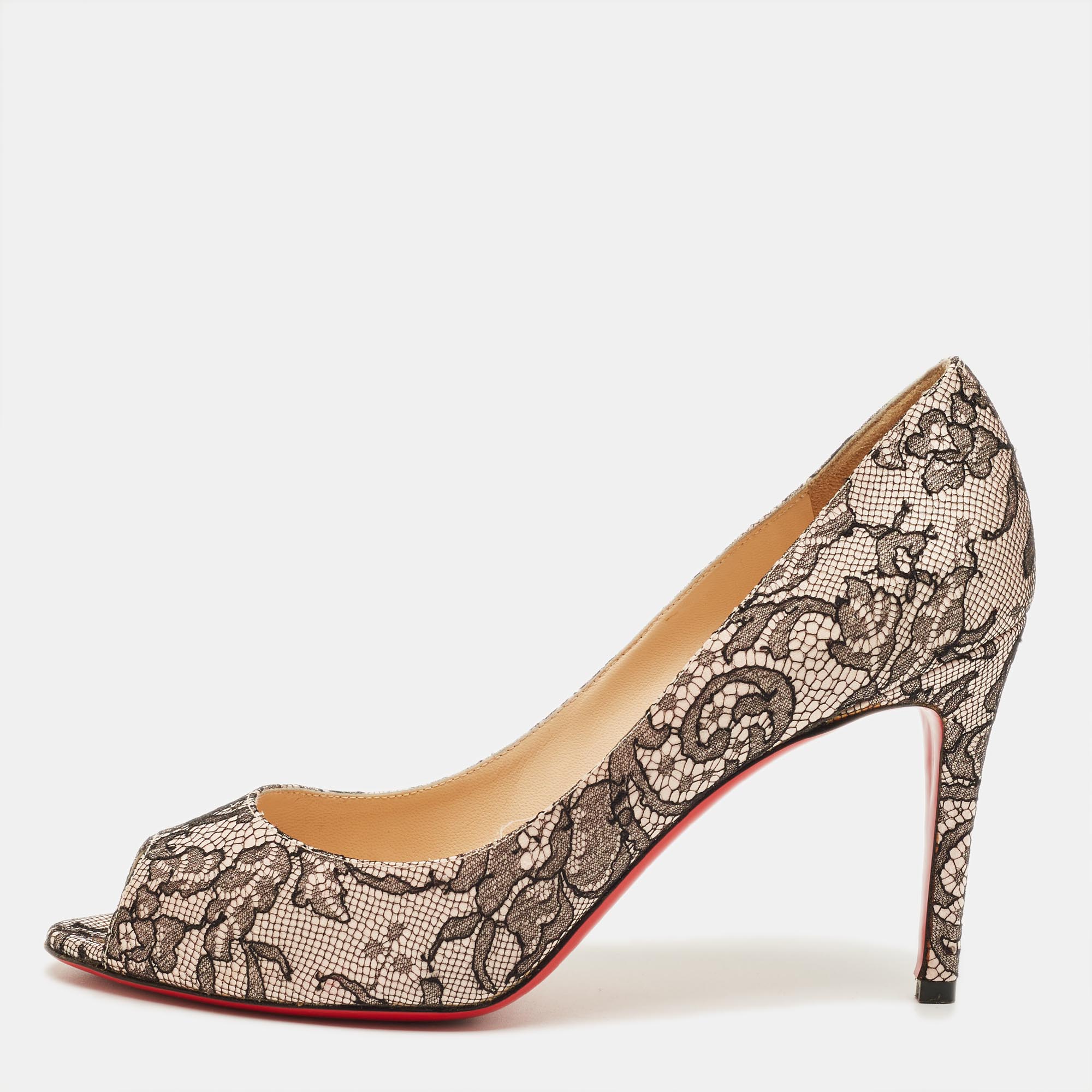 

Christian Louboutin Very Prive Size  Black Lace and Satin Peep Toe Pumps