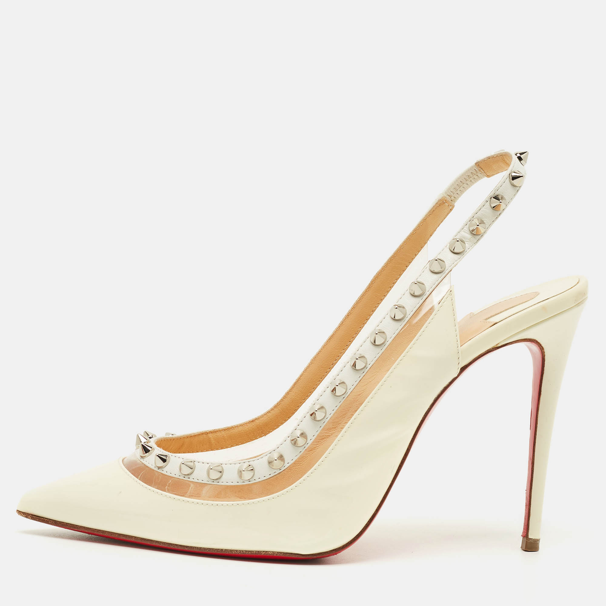 Pre-owned Christian Louboutin Brigandine Spike Size 36.5 Cream Patent Leather And Pvc Slingback Pumps In White