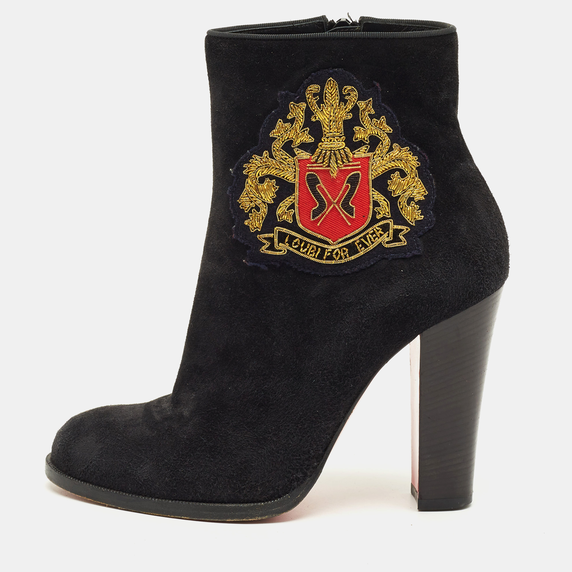 Pre-owned Christian Louboutin Crest Embroidered Size 37 Black Suede Ankle Length Boots