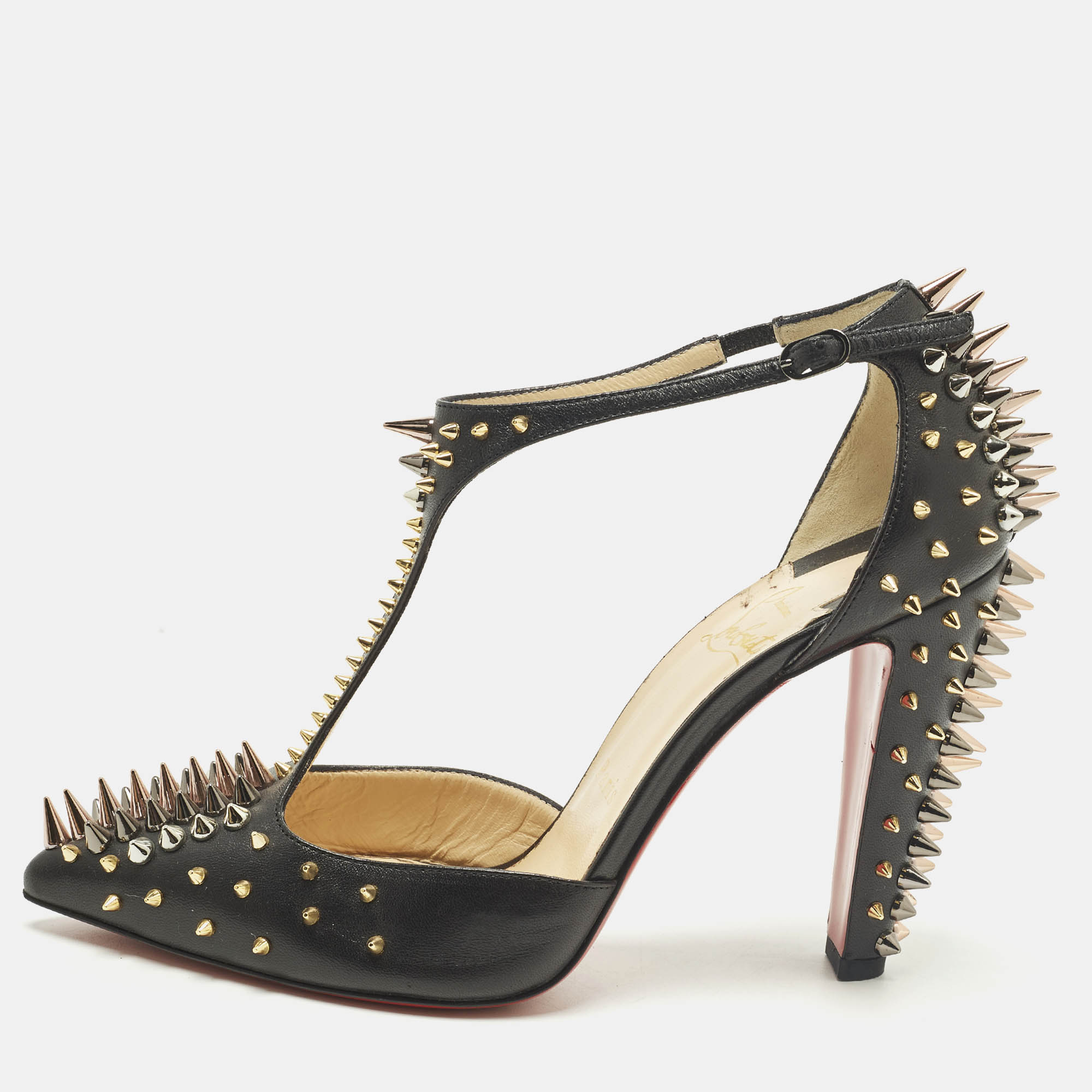 Click to view more detailed imagery on our partner's website Pre-owned Christian Louboutin Goldostrap Size 37.5 Black Leather Spike Pumps