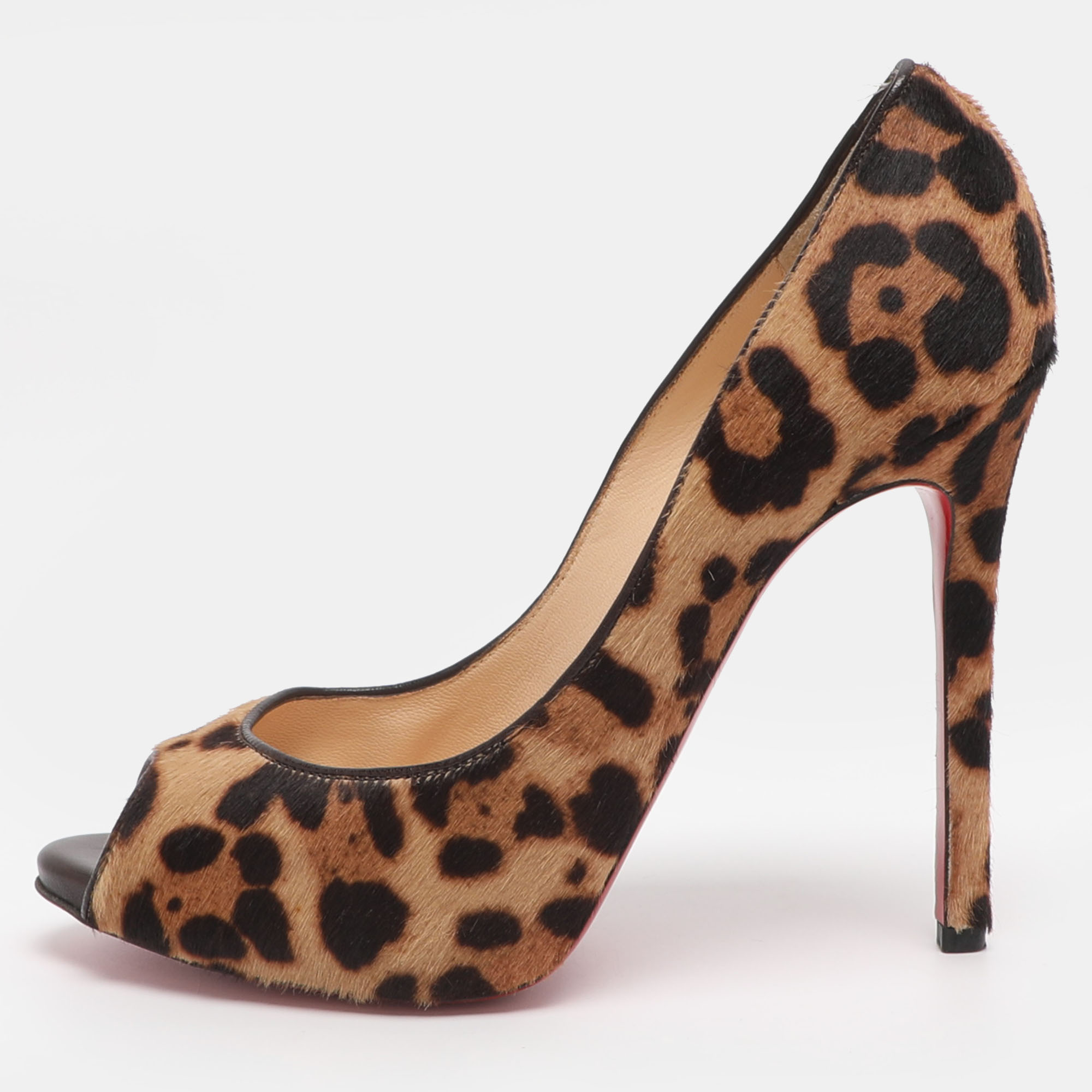Click to view more detailed imagery on our partner's website Pre-owned Christian Louboutin Maryl Size 38.5 Beige/brown Leopard Calf Hair Peep Toe Pumps In Sand