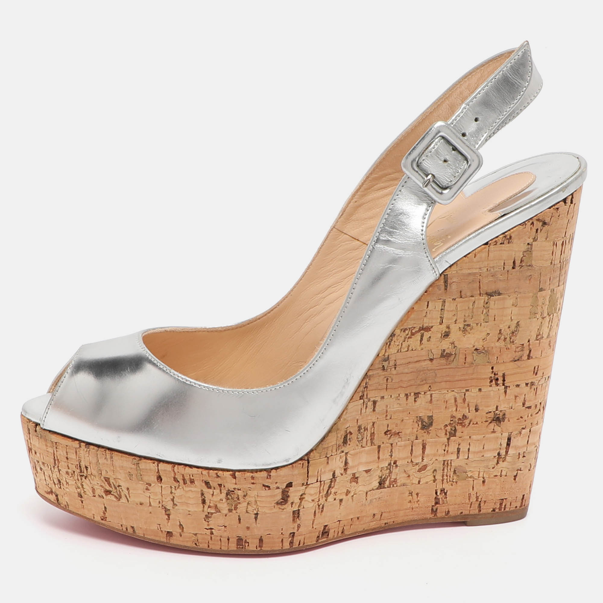 Pre-owned Christian Louboutin Une Plume Size 40.5 Silver Leather Cork Wedge Slingback Sandals