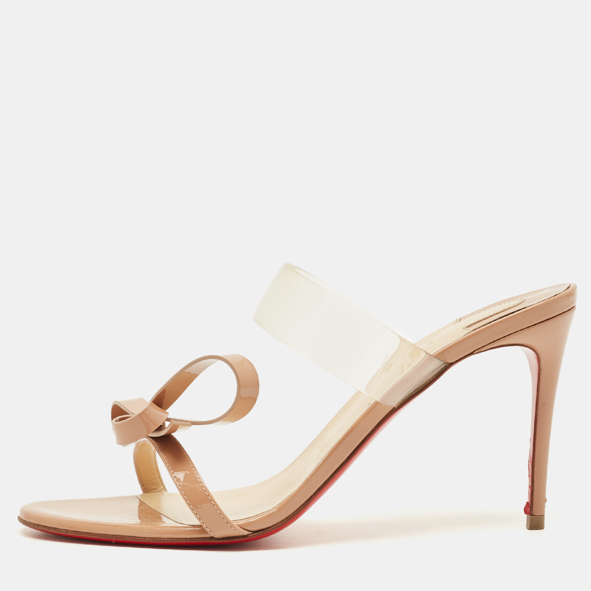 Pre-owned Christian Louboutin Just Nodo Size 38 Beige Patent Leather And Pvc Band Bow Slide Sandals