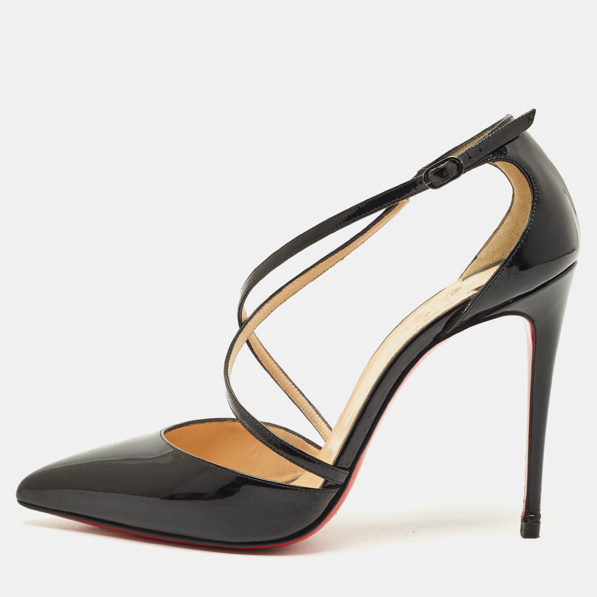 Click to view more detailed imagery on our partner's website Pre-owned Christian Louboutin Cross Blake Size 38 Black Patent Leather D'orsay Pumps