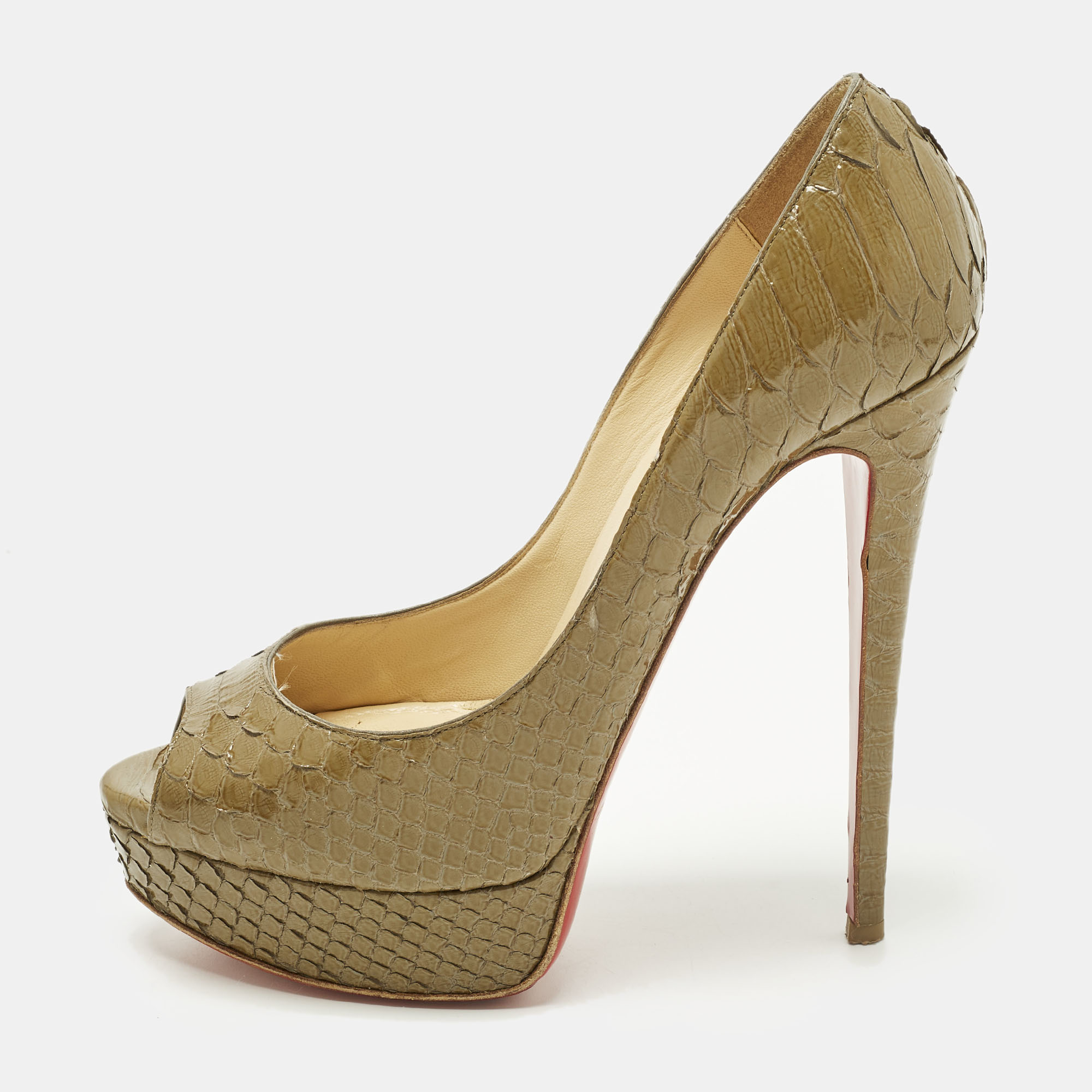 Pre-owned Christian Louboutin Lady Peep Size 38.5 Green Python Leather Peep Toe Pumps