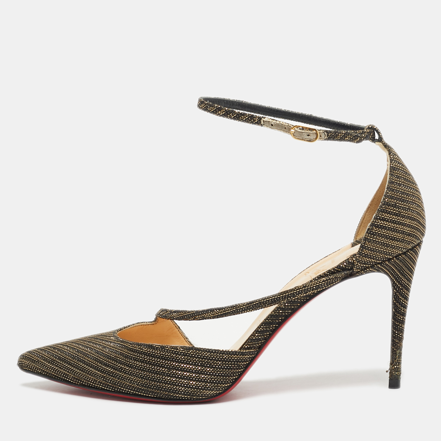 Click to view more detailed imagery on our partner's website Pre-owned Christian Louboutin Cross Blake Size 38 Two Tone Lurex Fabric D'orsay Pumps In Gold