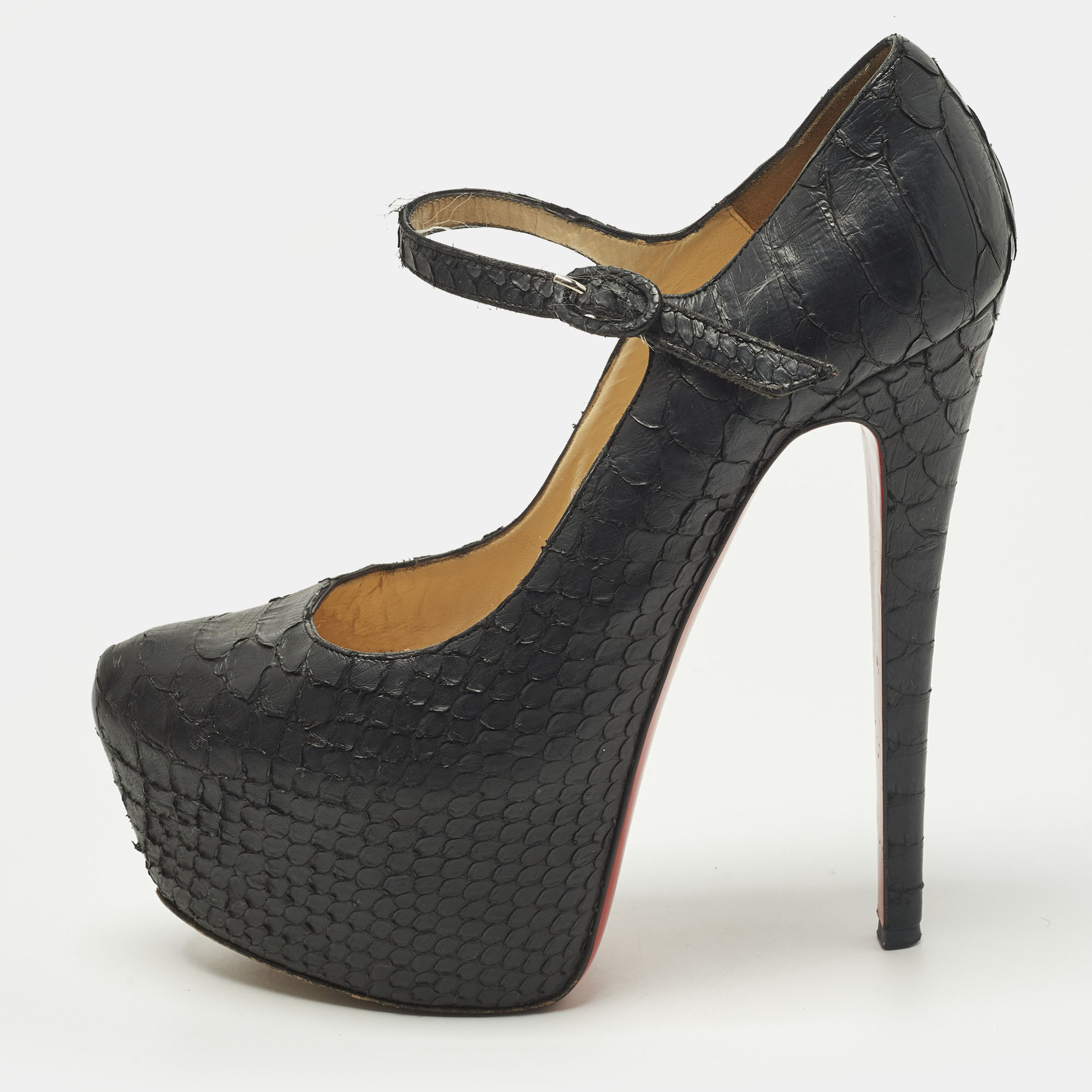 Click to view more detailed imagery on our partner's website Pre-owned Christian Louboutin Lady Daf Size 37 Black Python Leather Mary Jane Pumps
